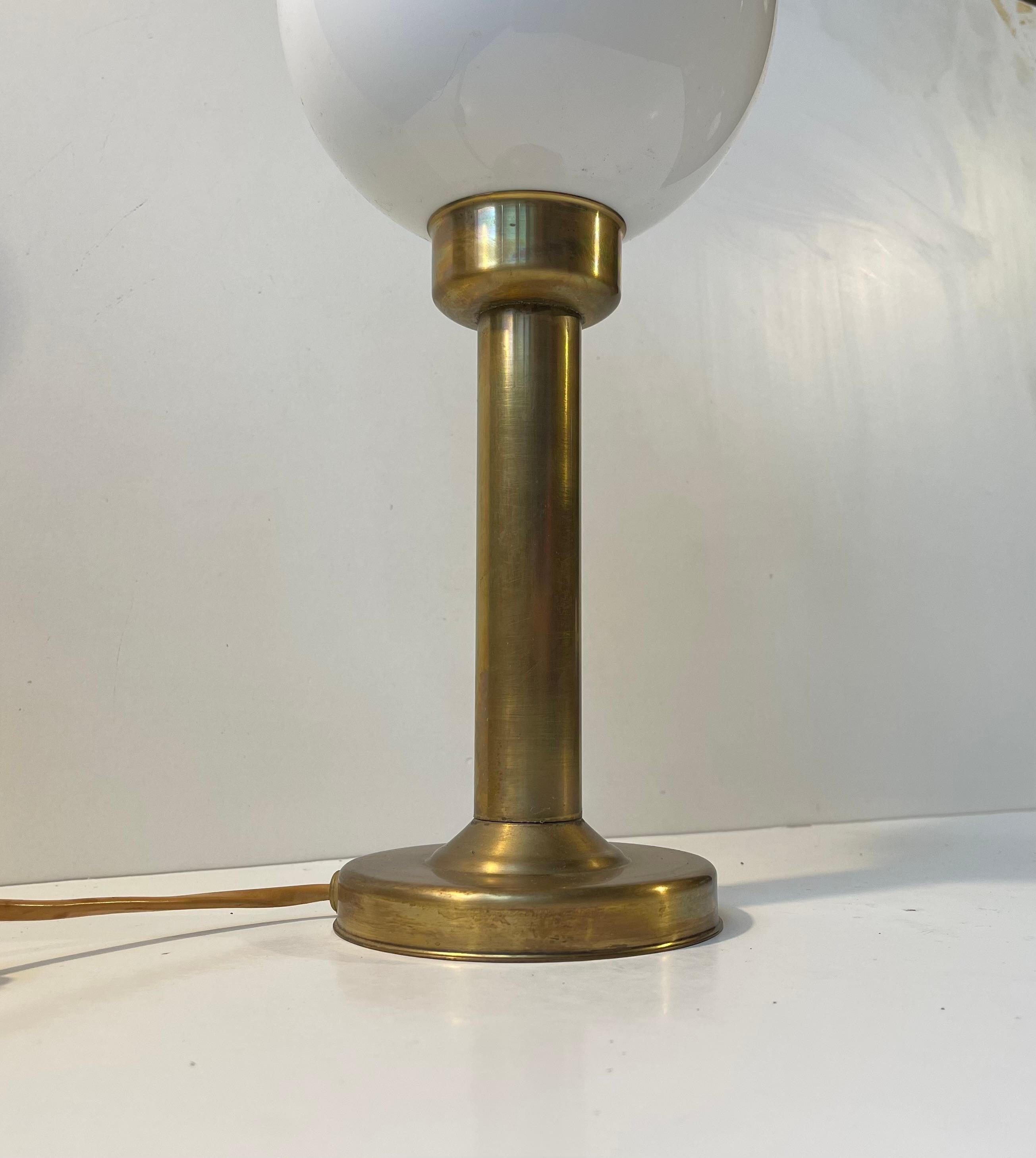 Danish Art Deco Style Brass Table Lamp With Opaline Glass Globe For Sale 4