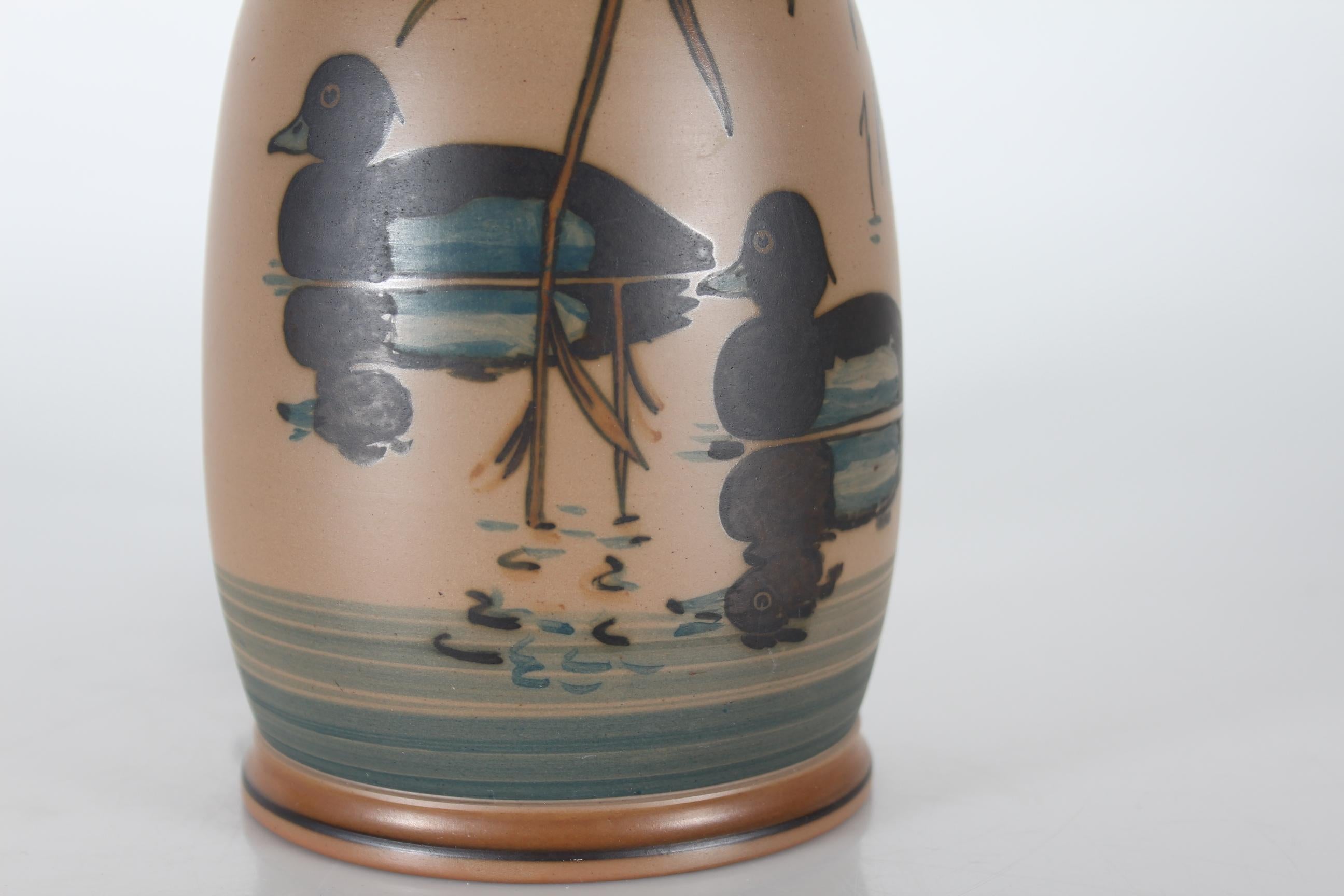 Mid-20th Century Danish Art Deco Table Lamp by L. Hjorth Ceramic, with Swimming Ducks + Le Klint For Sale