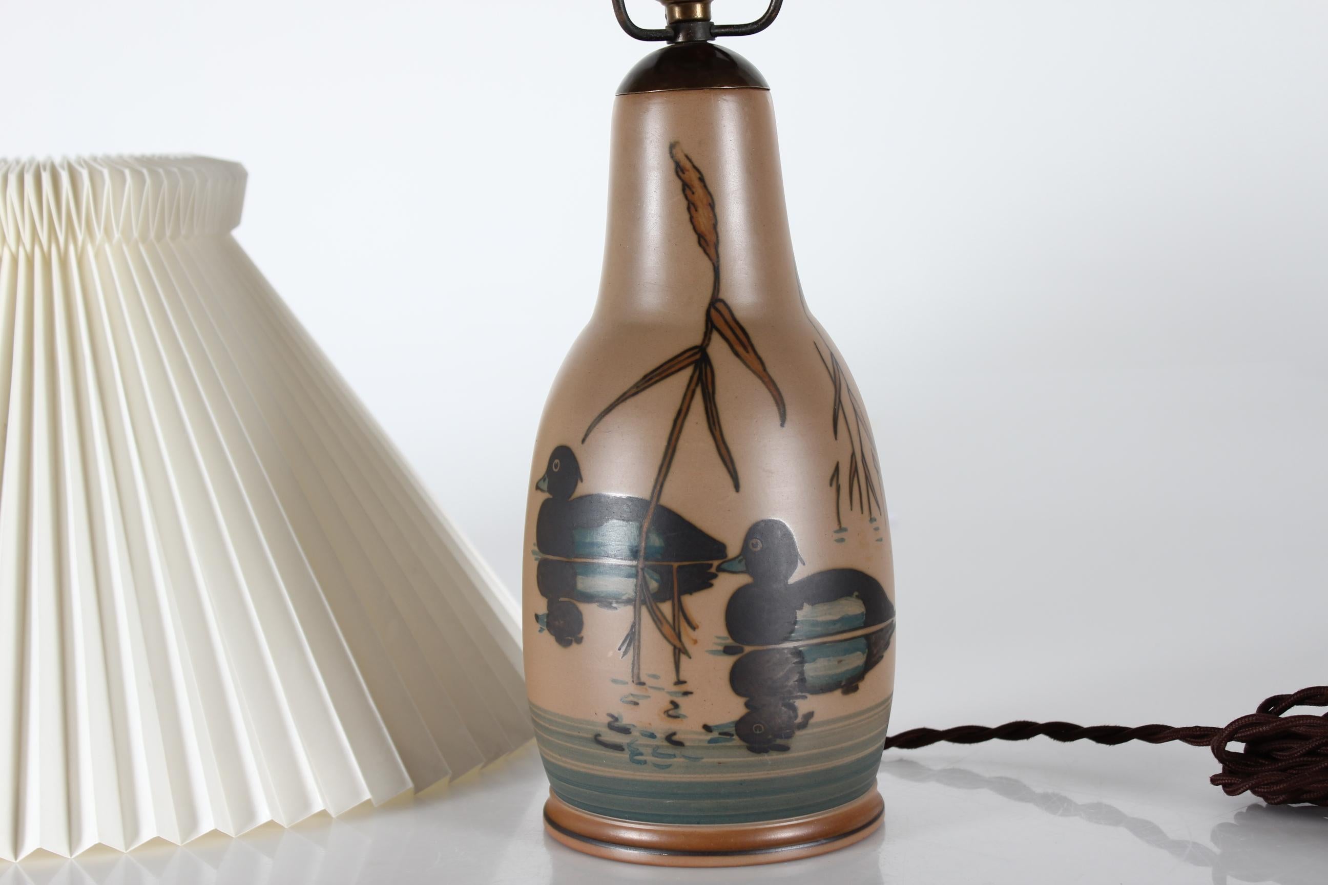Danish Art Deco Table Lamp by L. Hjorth Ceramic, with Swimming Ducks + Le Klint For Sale 4