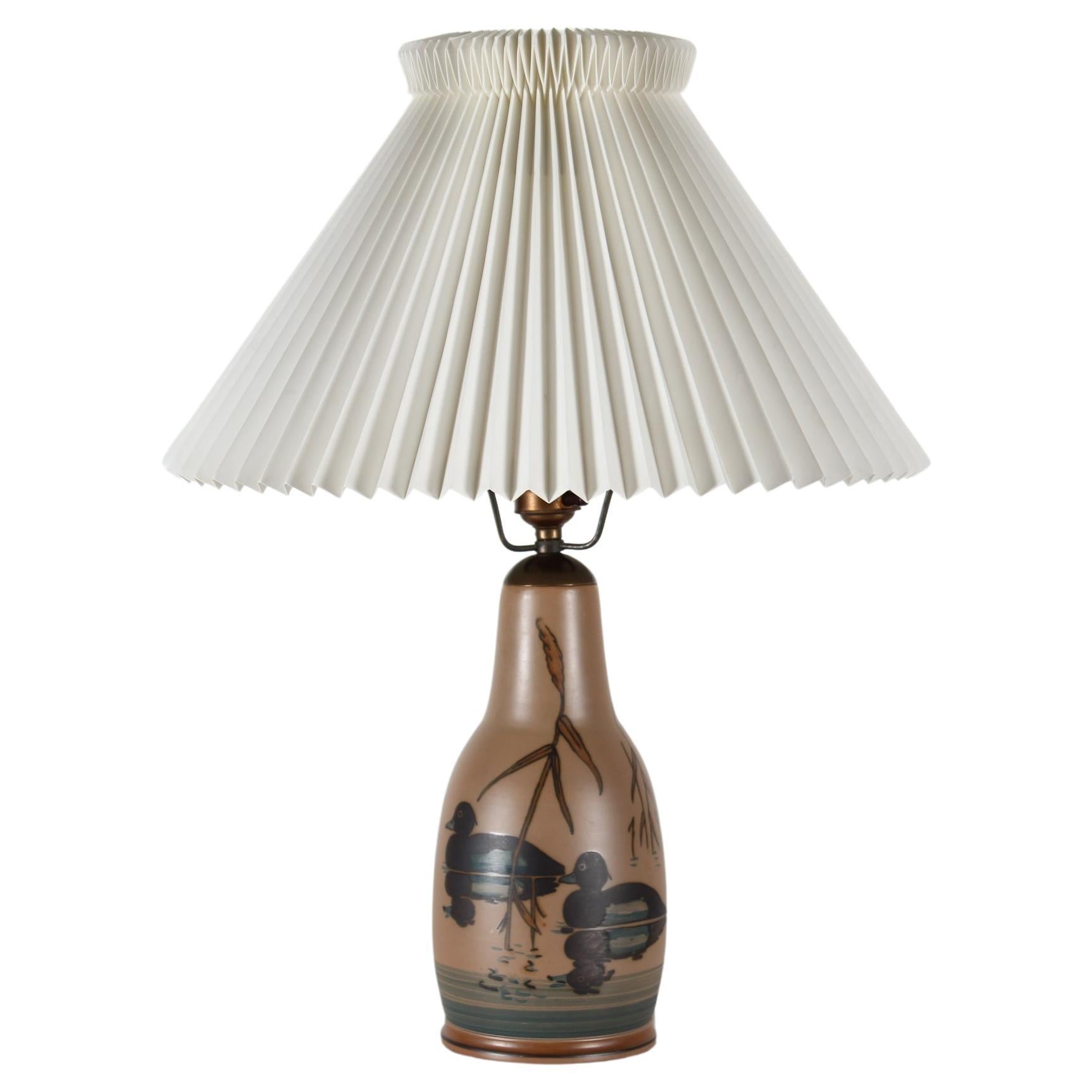 Danish Art Deco Table Lamp by L. Hjorth Ceramic, with Swimming Ducks + Le Klint For Sale