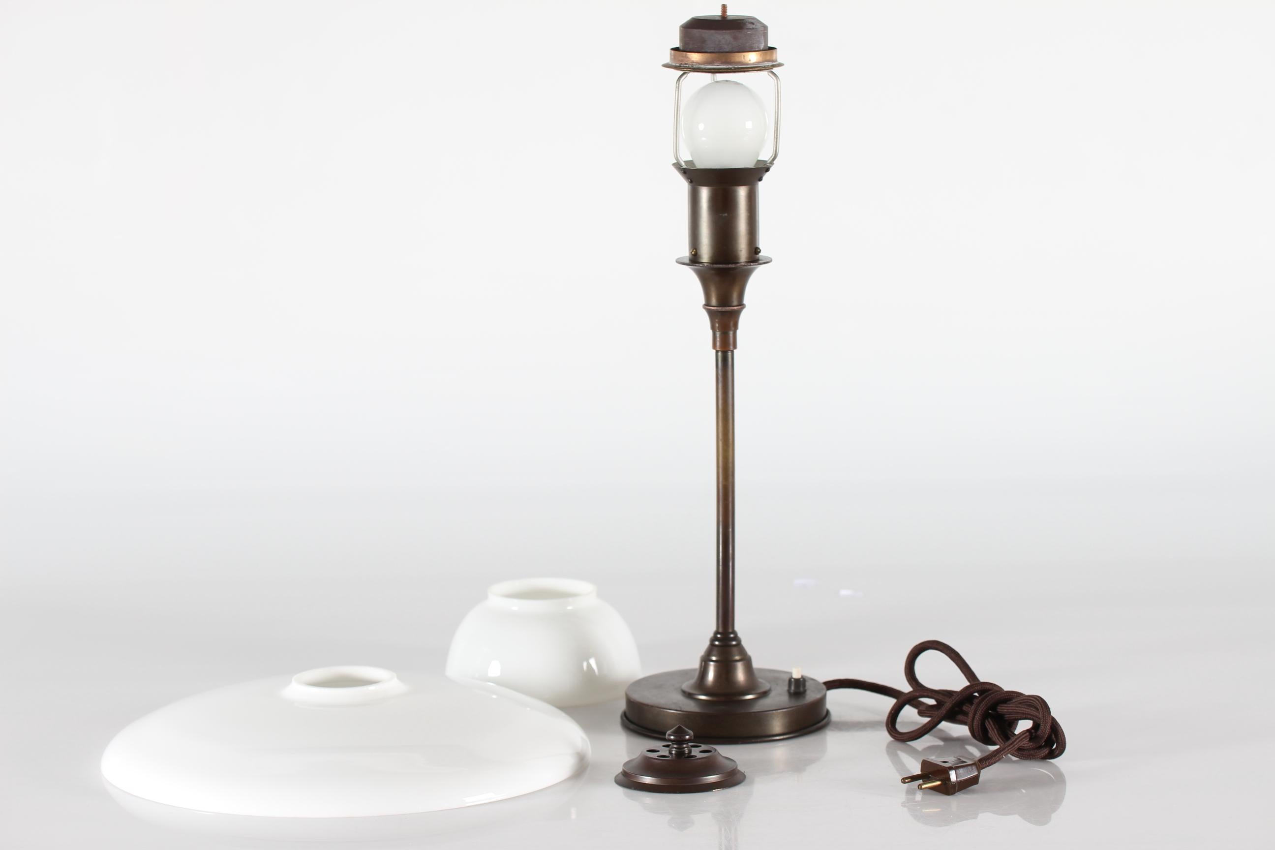 Danish Art Deco Table Lamp Patinated Brass + White Glass, Fog & Mørup 1940s For Sale 5