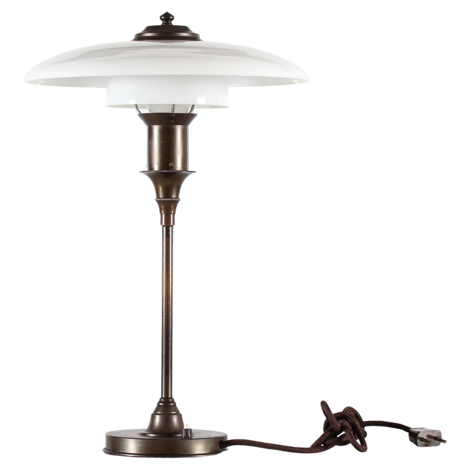 Danish Art Deco Table Lamp Patinated Brass + White Glass, Fog & Mørup 1940s For Sale