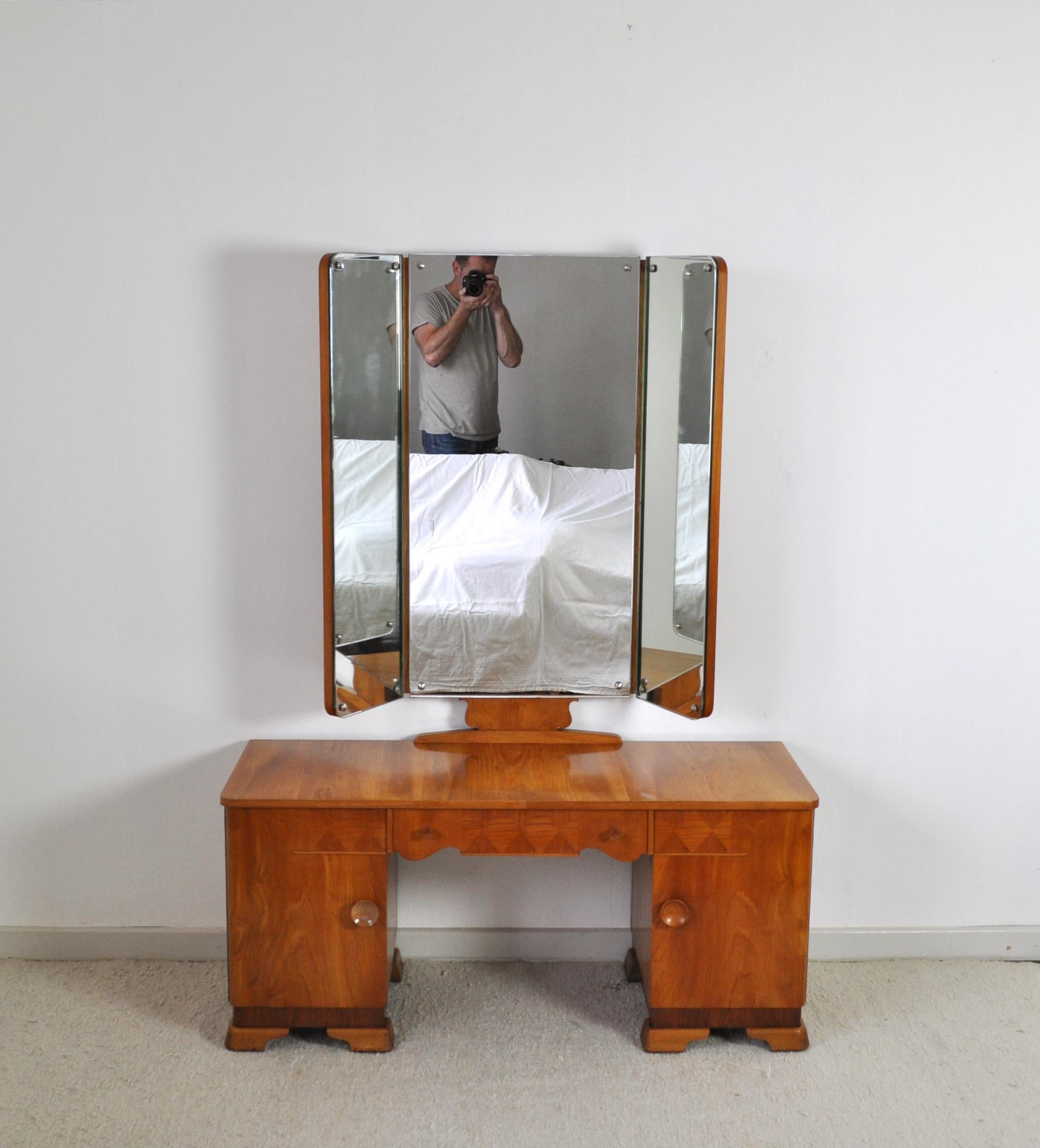 Veneer Danish Art Deco Vanity Desk with Tri-Folding Mirrors, 1930s For Sale