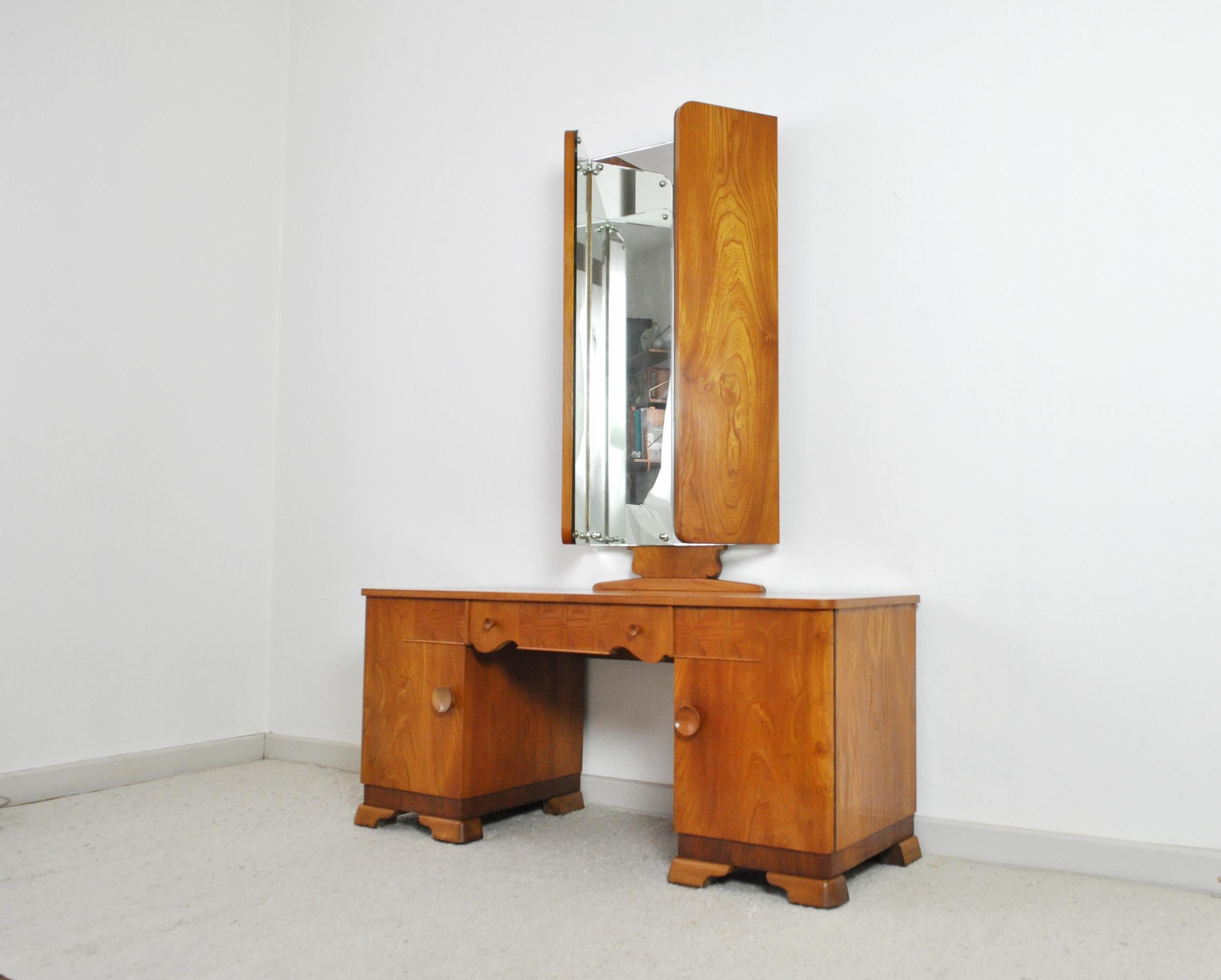 Elm Danish Art Deco Vanity Desk with Tri-Folding Mirrors, 1930s For Sale