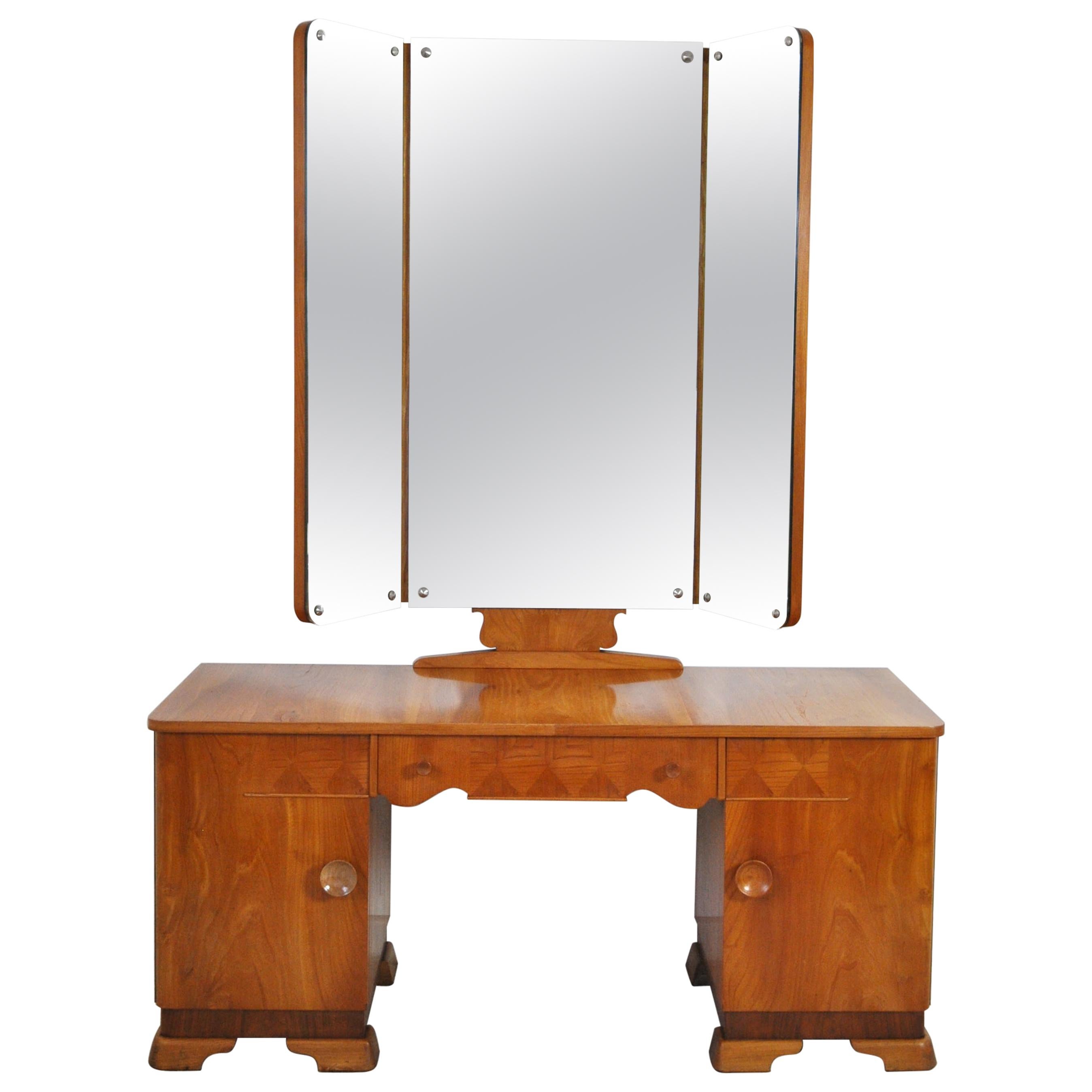 Danish Art Deco Vanity Desk with Tri-Folding Mirrors, 1930s
