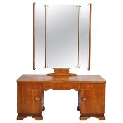 Antique Danish Art Deco Vanity Desk with Tri-Folding Mirrors, 1930s