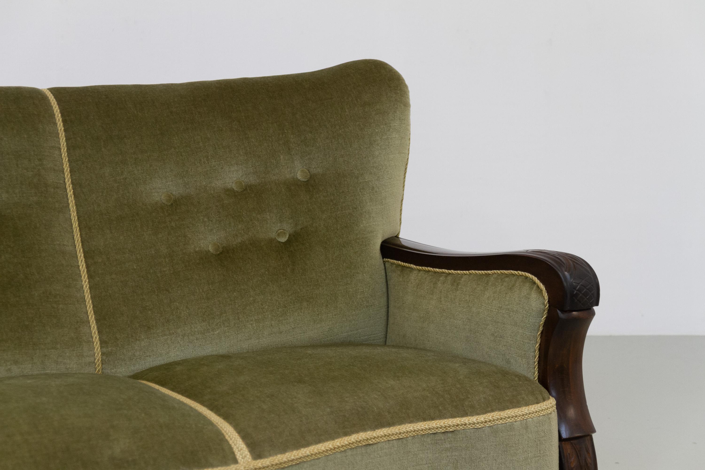 Canapé serpentin en velours art déco danois, années 1930. Bon état - En vente à Asaa, DK