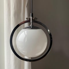 Danish Art Deco White Opaline Glass Pendant Chrome Glass Holder Fog & Mørup