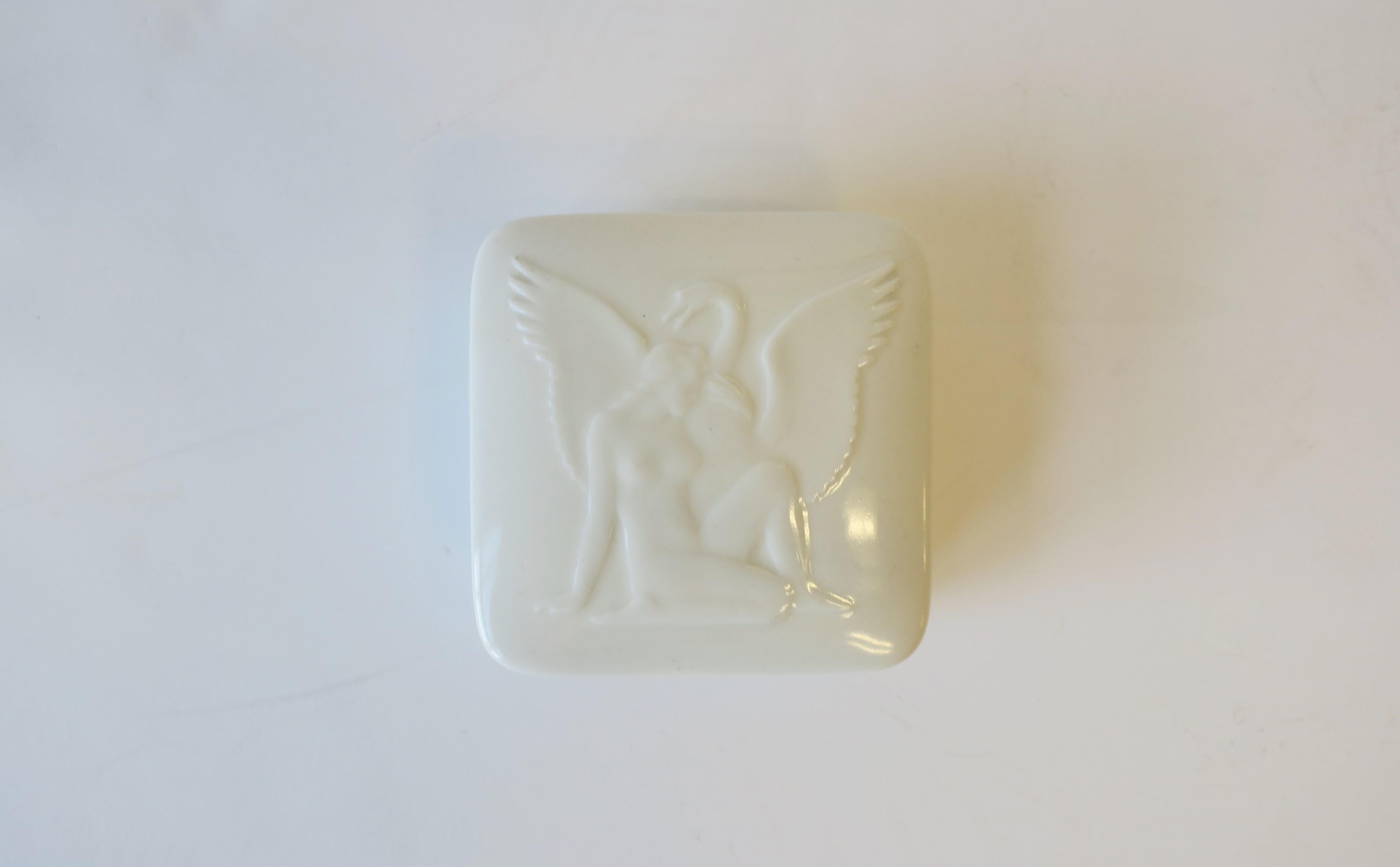 20th Century Art Deco Porcelain Box Female Figure & Bird Design Scandinavian Danish 