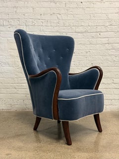 Danish art deco wingback lounge chair, newly upholstered in blue mohair