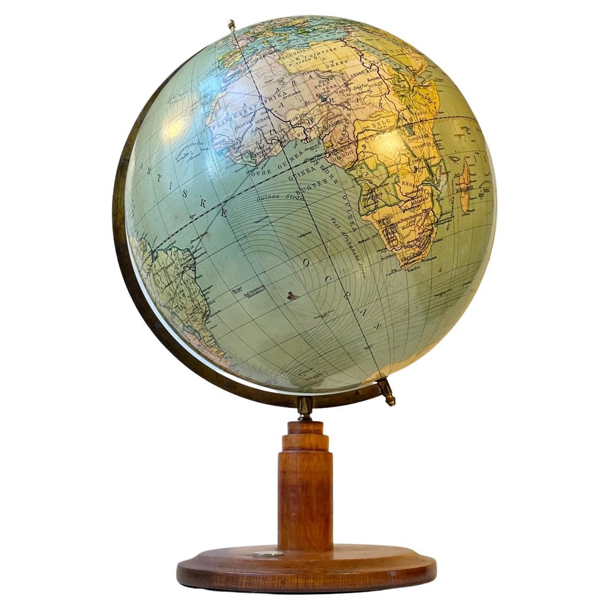 Danish Art Deco World Globe with Compass on a Wooden Base, Heimdal No. 34