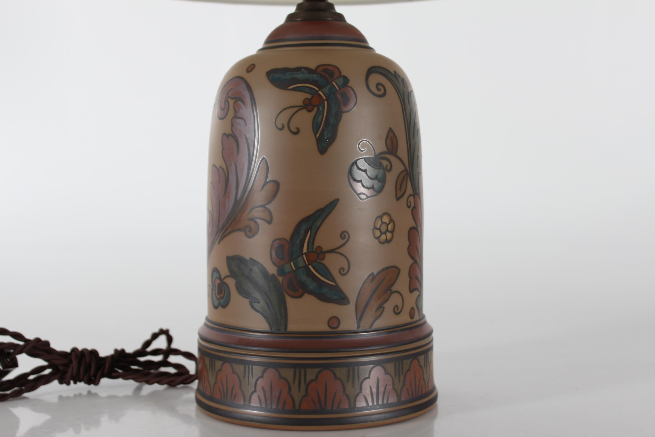 Fabric Danish Art Nouveau Butterfly Table Lamp by L. Hjorth Ceramic Bornholm 1920s For Sale