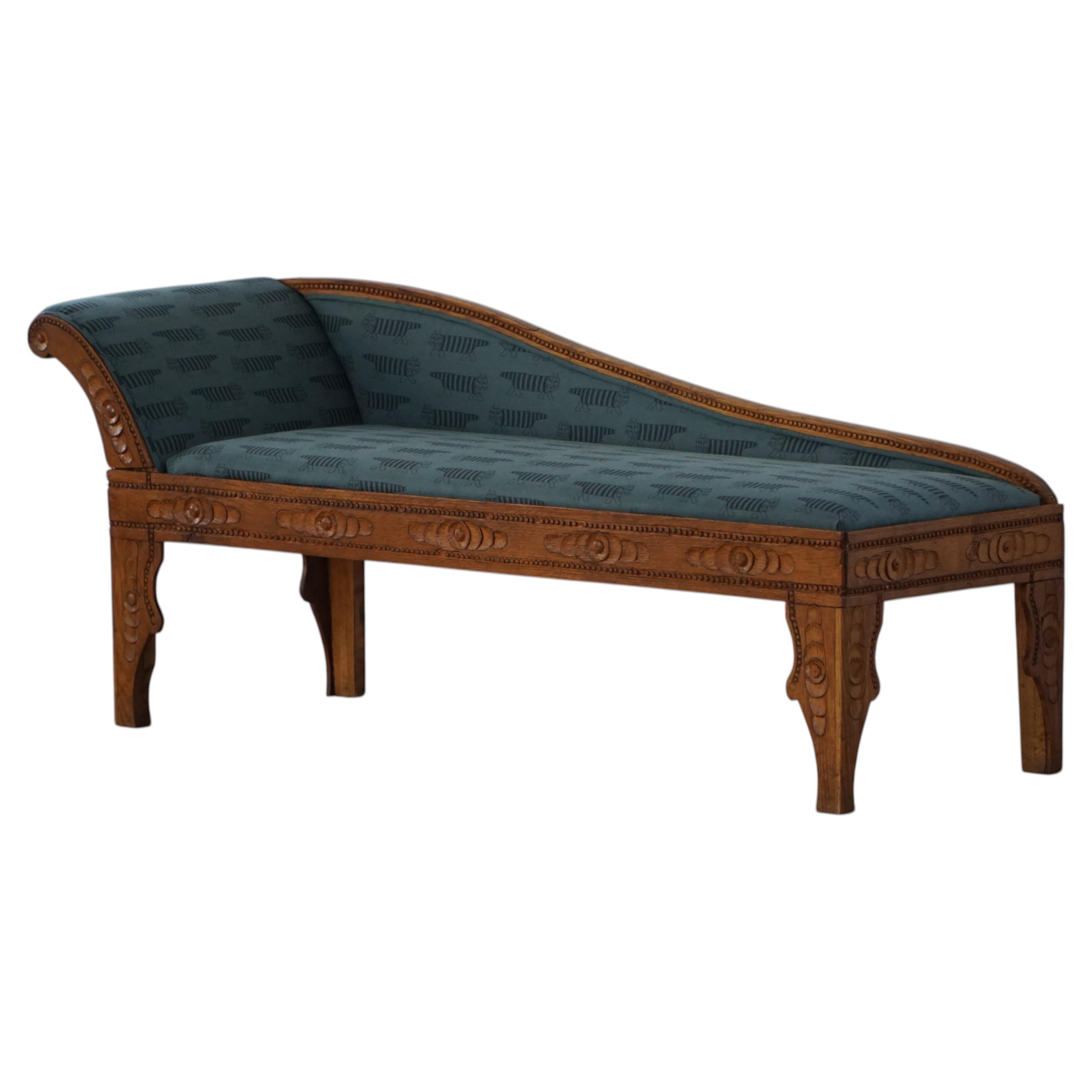 Danish Art Nouveau, Chaise Lounge in Oak & Lisa Larson “Mikey” Upholstery, 1920s