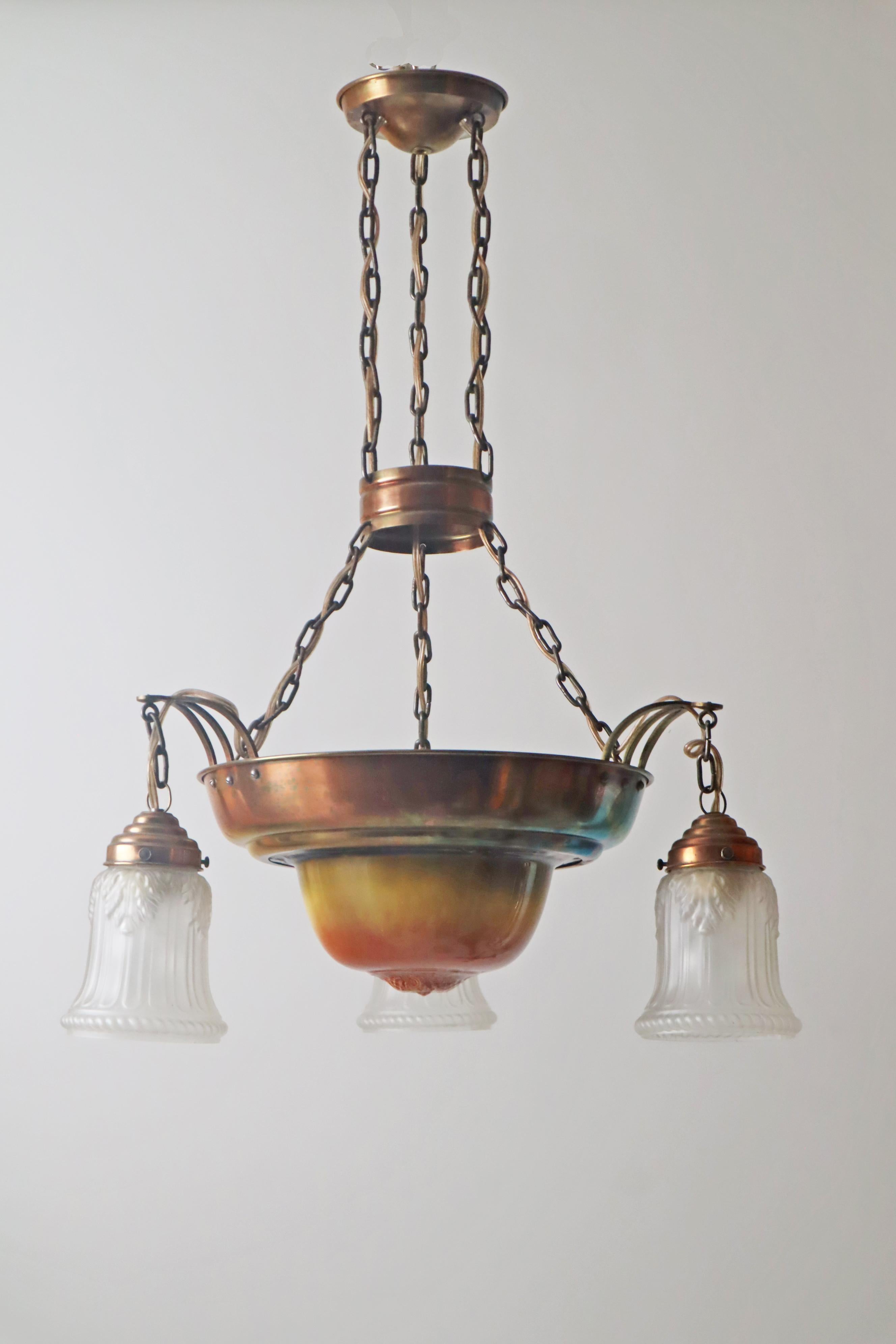 Lampadario danese Art Nouveau in ottone, rame e ceramica del 1910 circa in vendita 10
