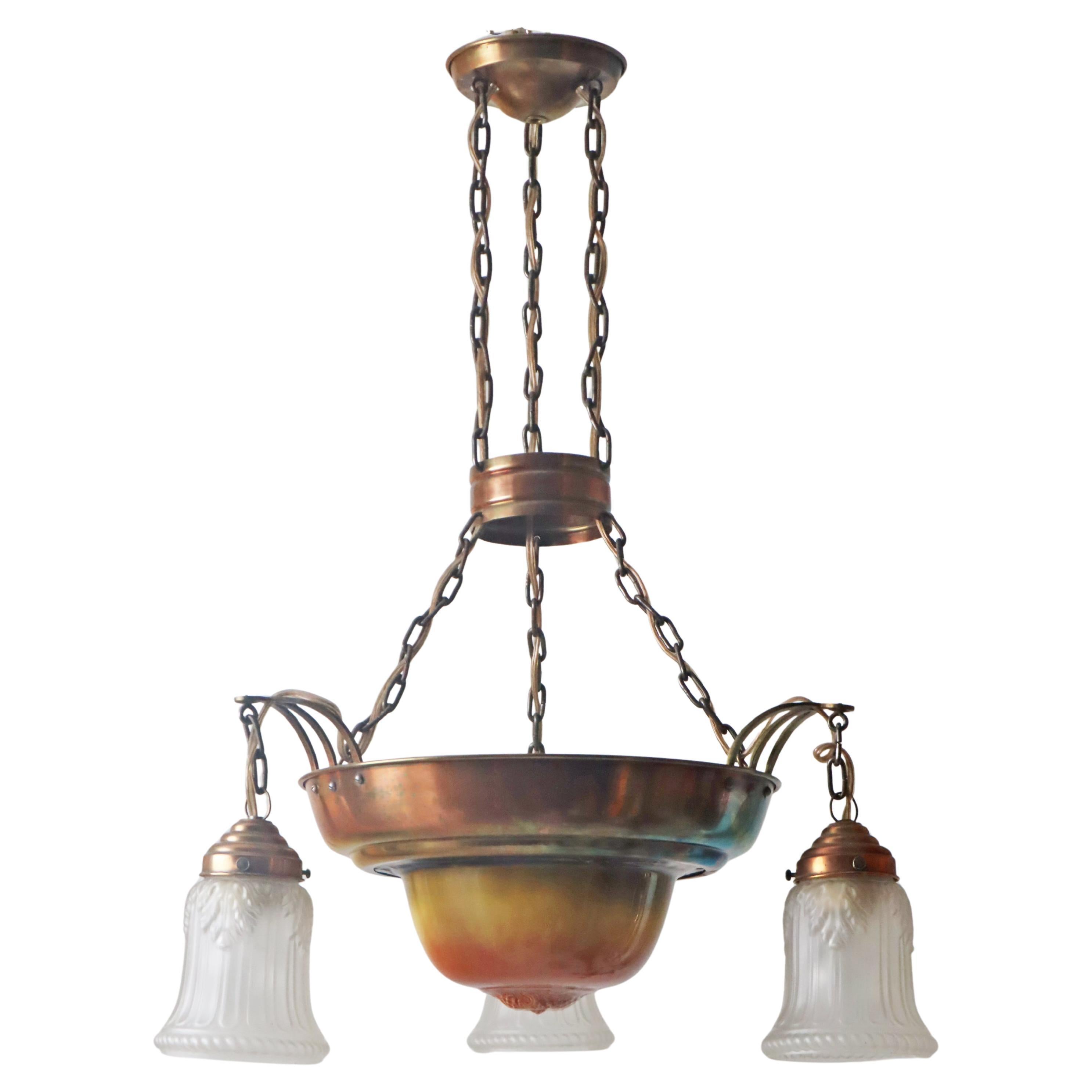 Lampadario danese Art Nouveau in ottone, rame e ceramica del 1910 circa