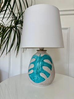 Danish Art Nouveau Green Leaves Ceramic Table Lamp, 1940s