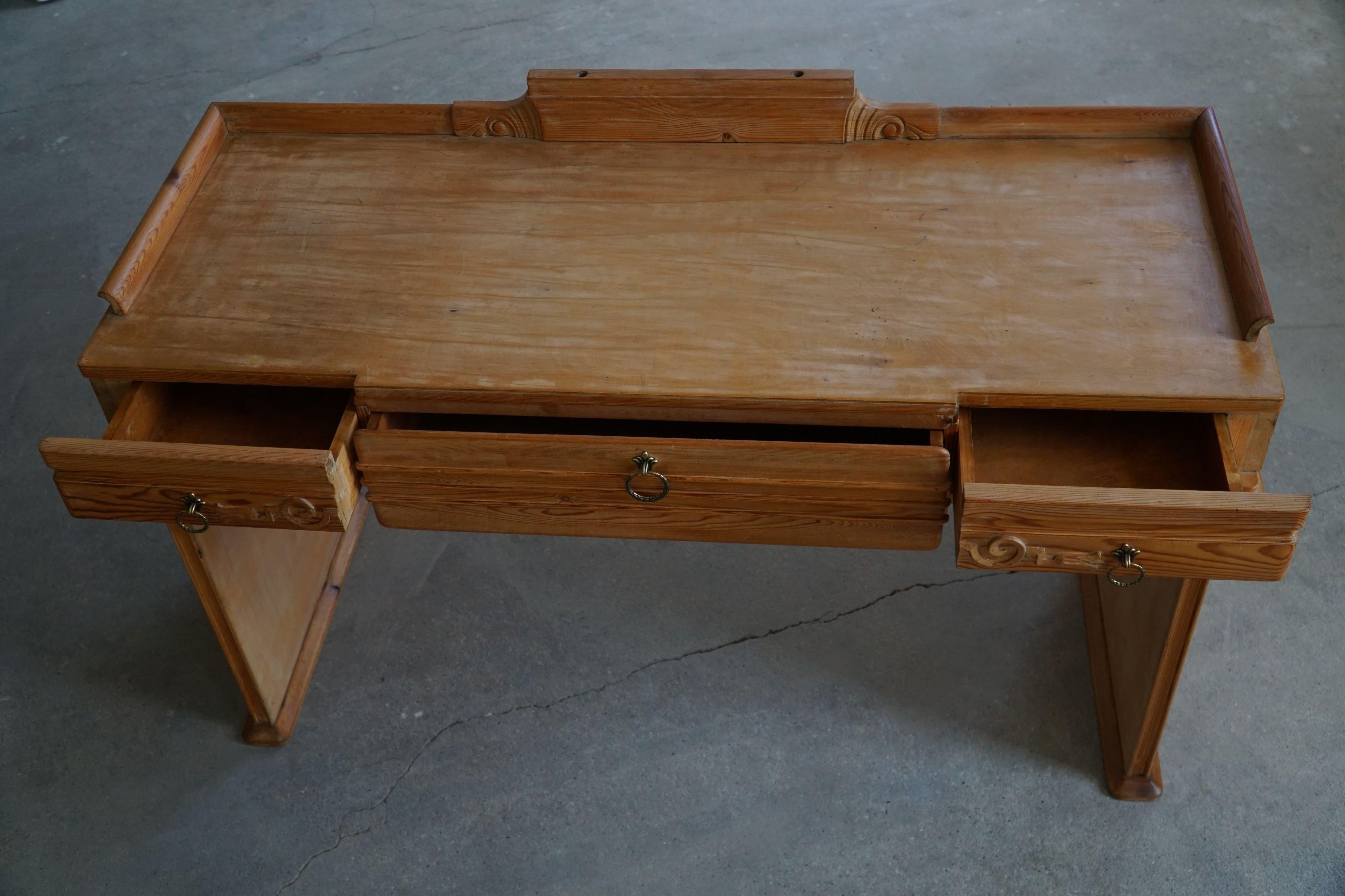 Danish Art Nouveau, Handcrafted Dressing Table / Desk in Pine, Early 20th C For Sale 6