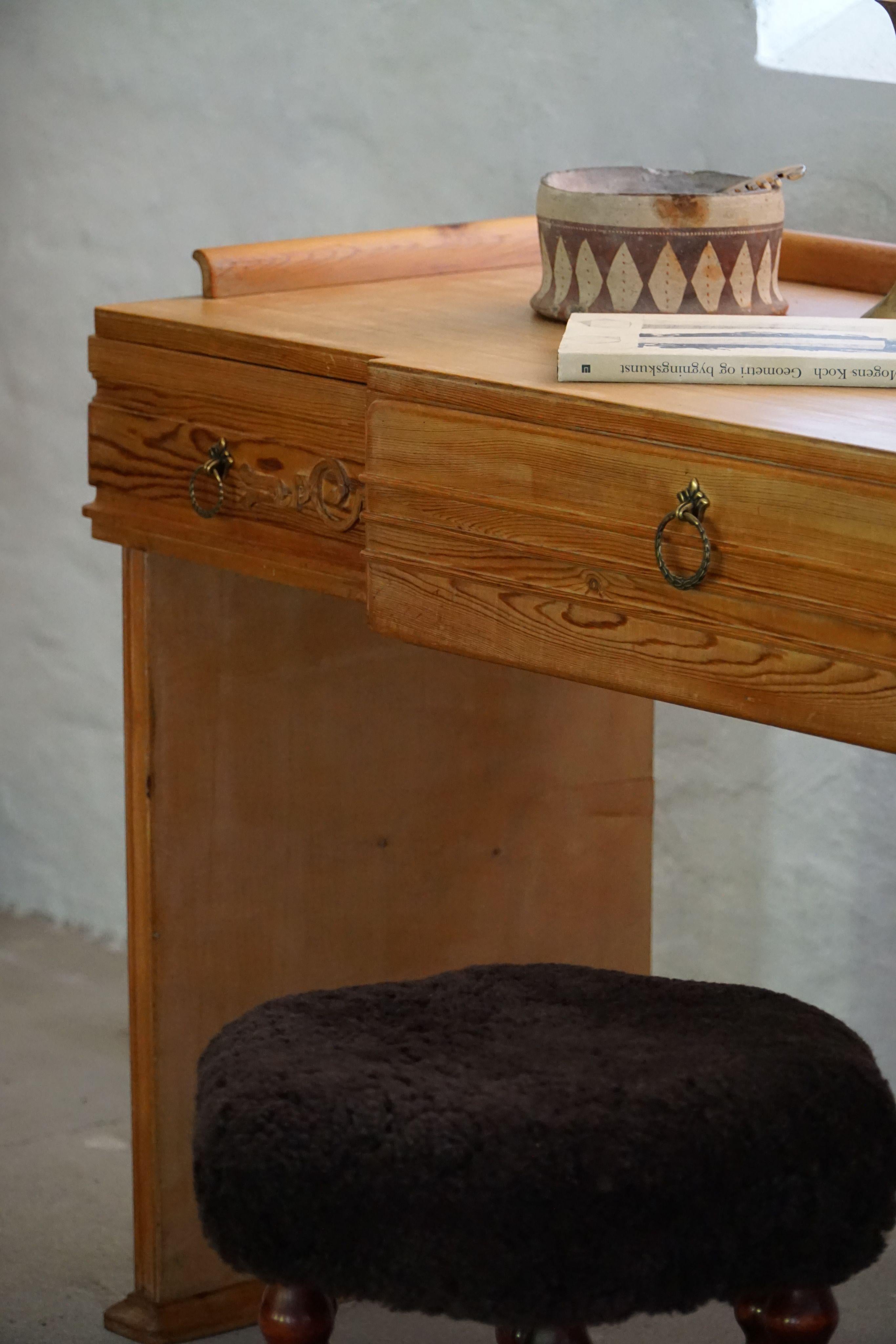 Brass Danish Art Nouveau, Handcrafted Dressing Table / Desk in Pine, Early 20th C For Sale