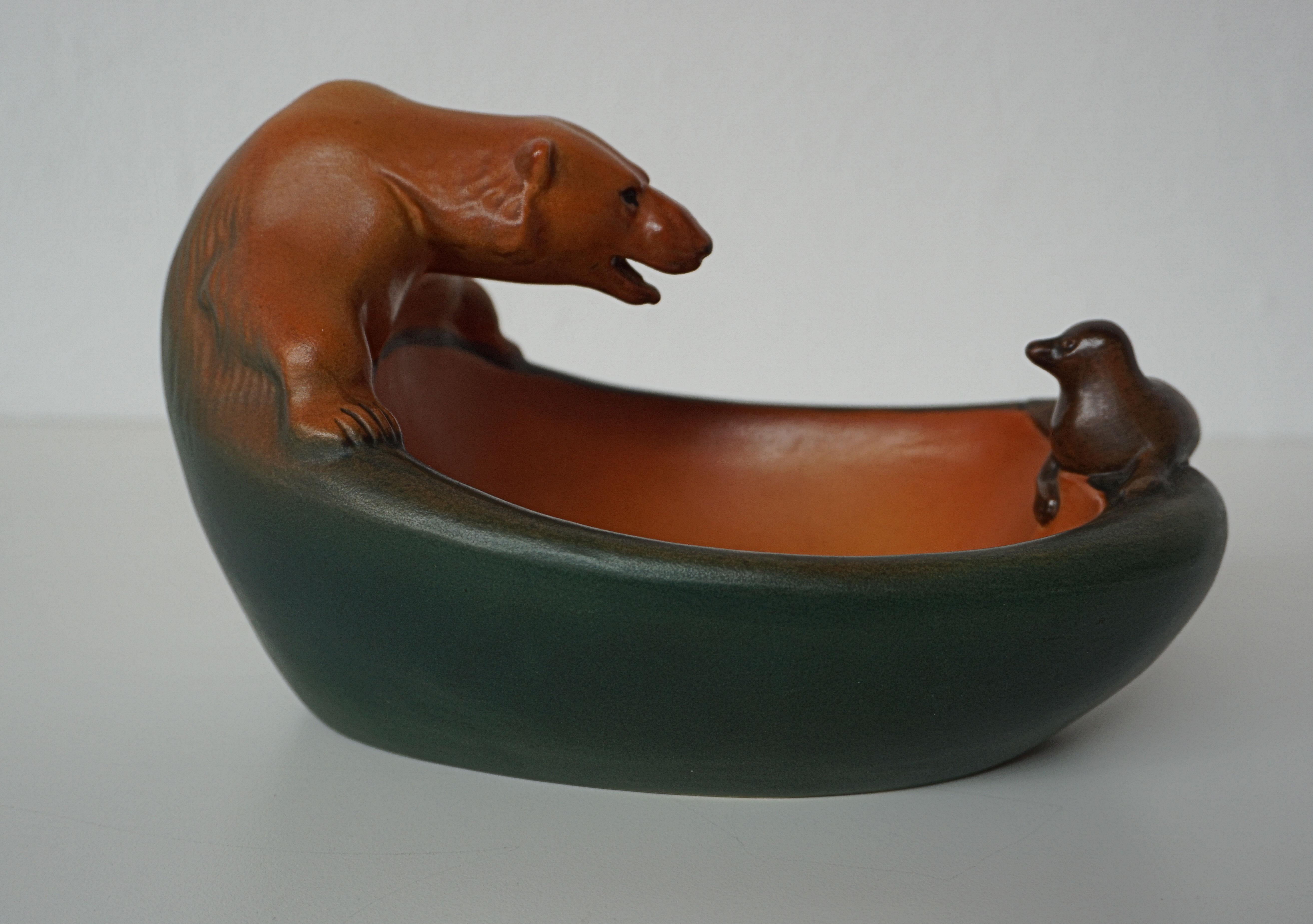 Danish Art Nouveau Handcrafted Icebear and Seal Bowl by P. Ipsens Enke In Good Condition For Sale In Knebel, DK
