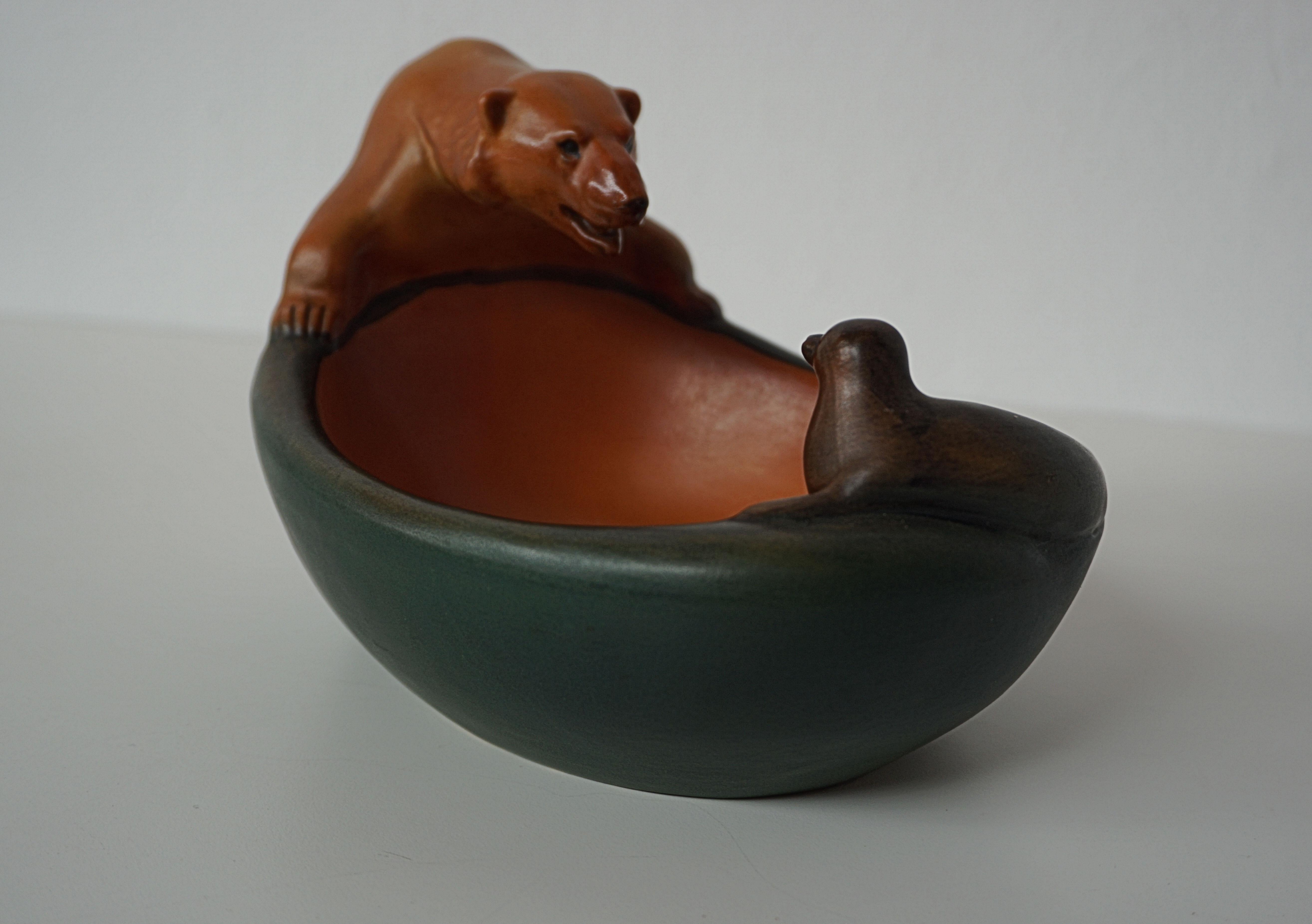 Early 20th Century Danish Art Nouveau Handcrafted Icebear and Seal Bowl by P. Ipsens Enke For Sale