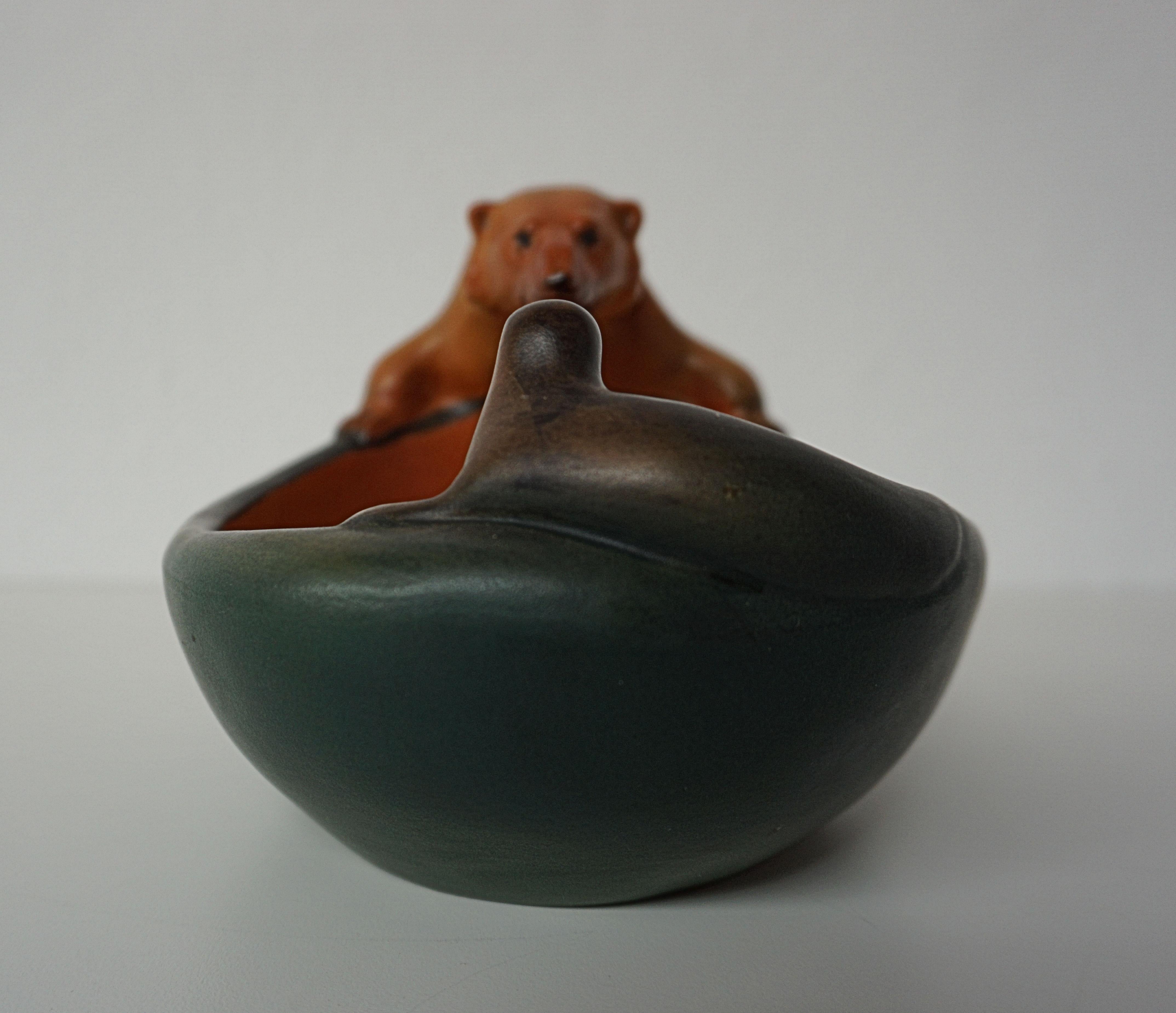 Ceramic Danish Art Nouveau Handcrafted Icebear and Seal Bowl by P. Ipsens Enke For Sale