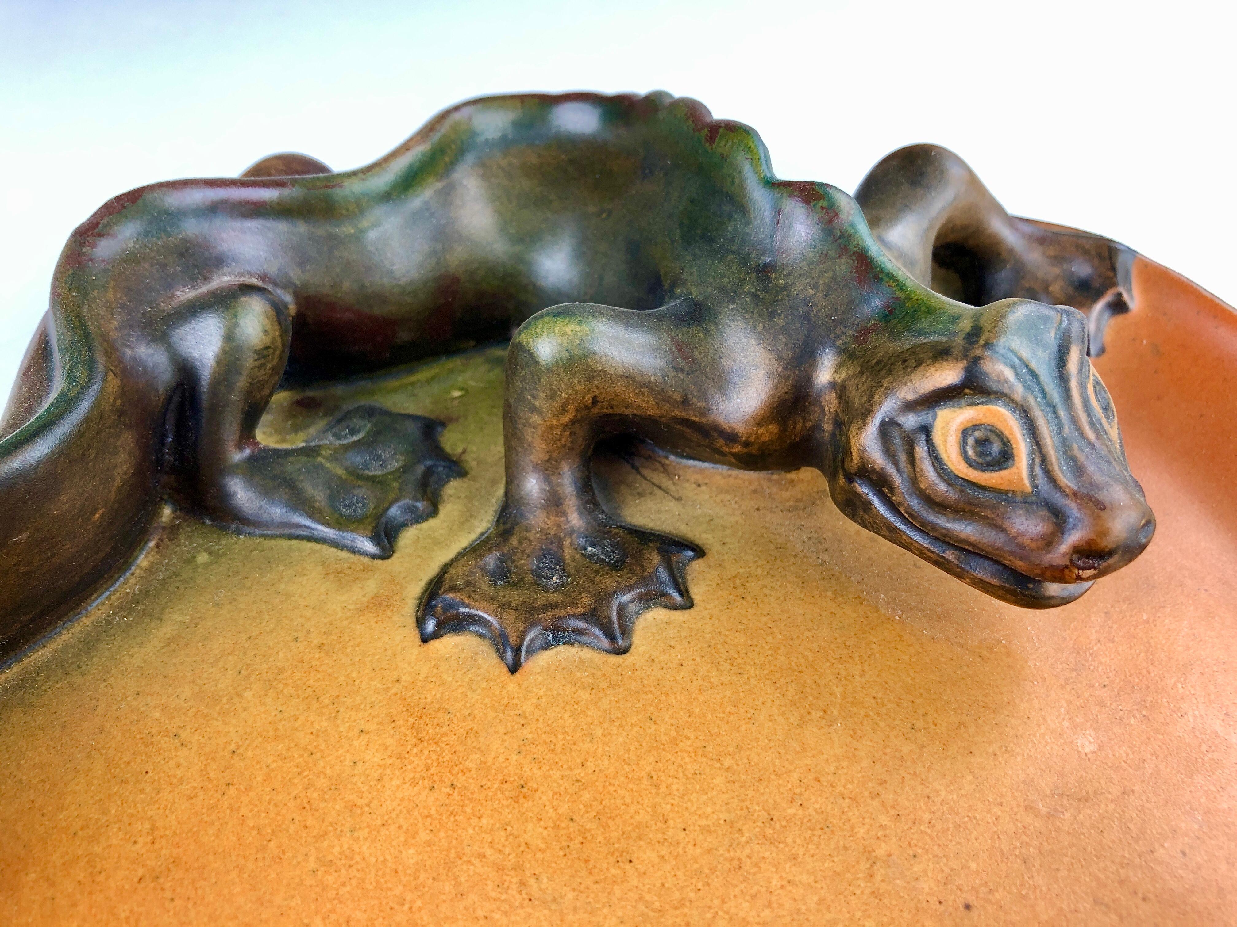 Danish Art Nouveau Lizard Ash Tray / Bowl by Axel Jensen for P. Ibsens Enke In Good Condition In Knebel, DK