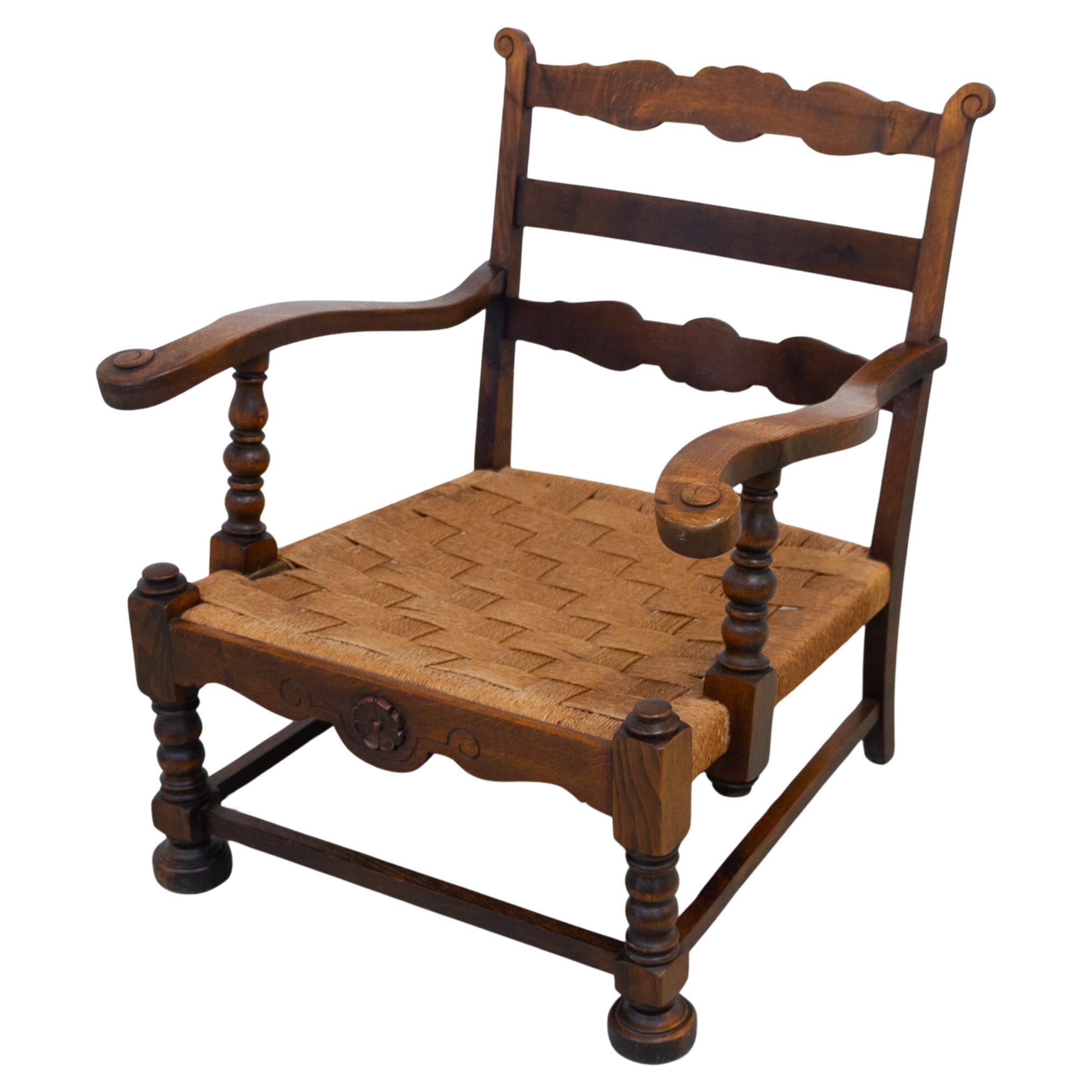 Danish Art Nouveau Lounge Chair in Oak and Papercord, 1930s.