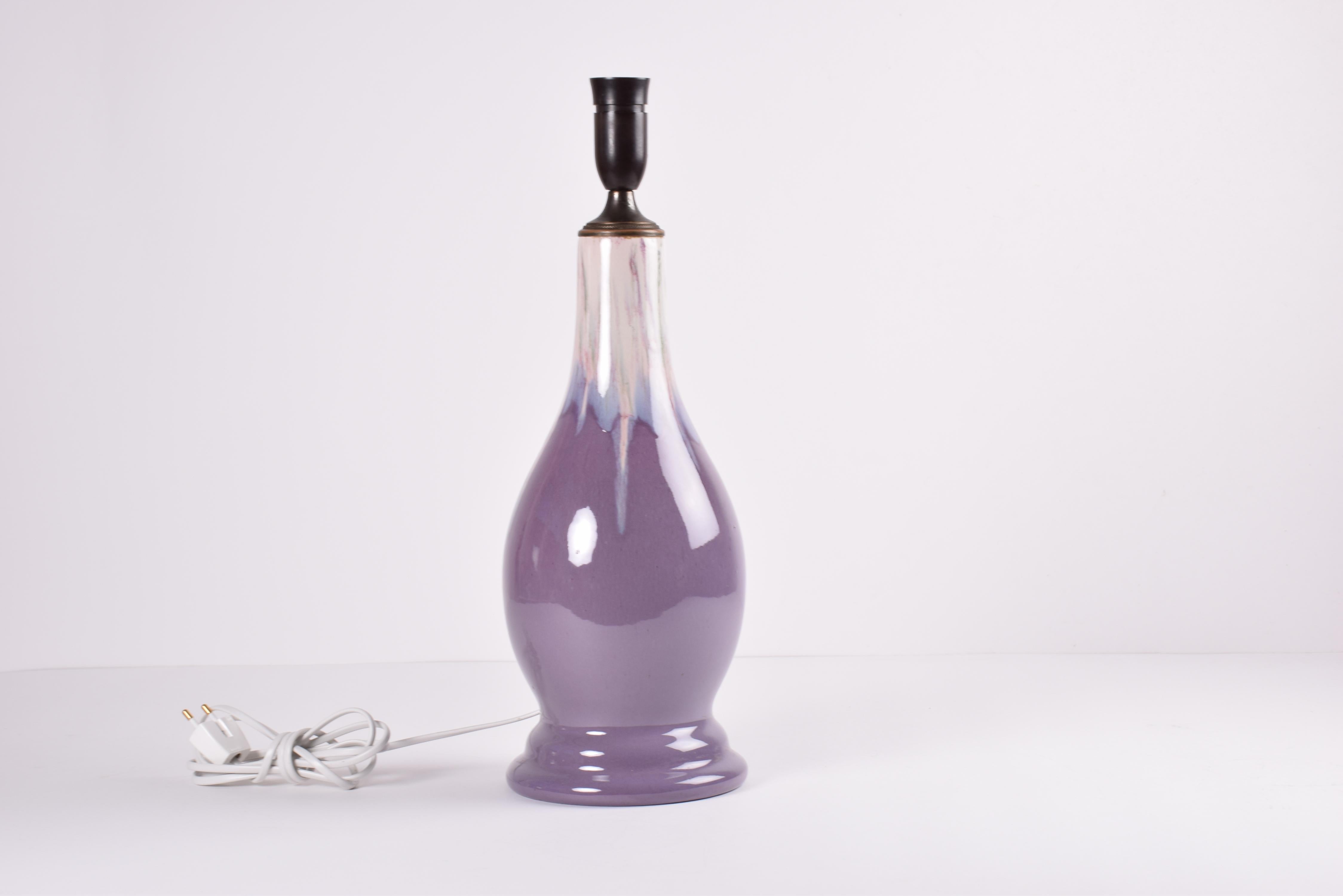 Mid-Century Modern Danish Art Nouveau MA&S Tall Ceramic Table Lamp Purple Beige Drip Glaze, 1920s For Sale