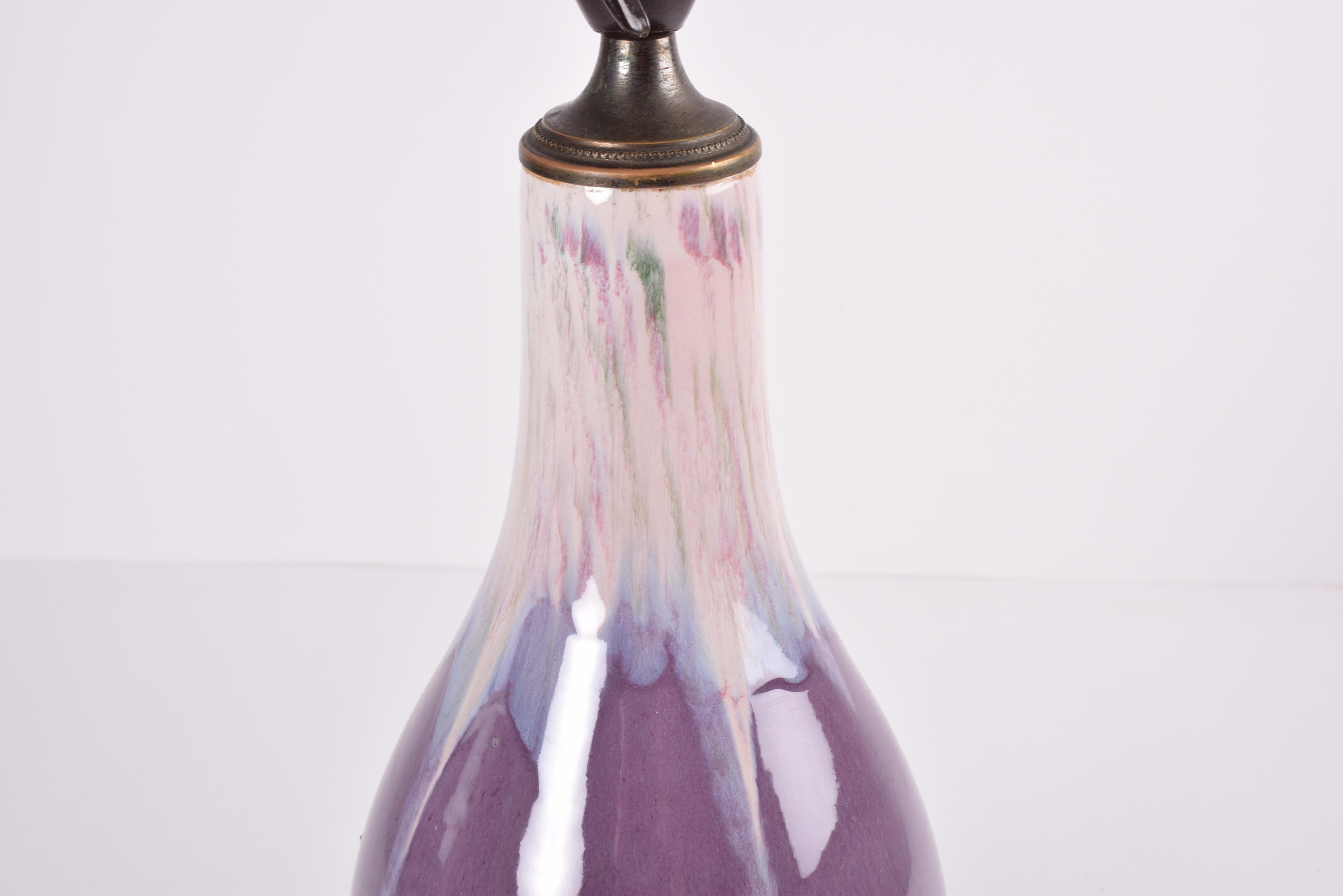 Danish Art Nouveau MA&S Tall Ceramic Table Lamp Purple Beige Drip Glaze, 1920s In Good Condition For Sale In Aarhus C, DK