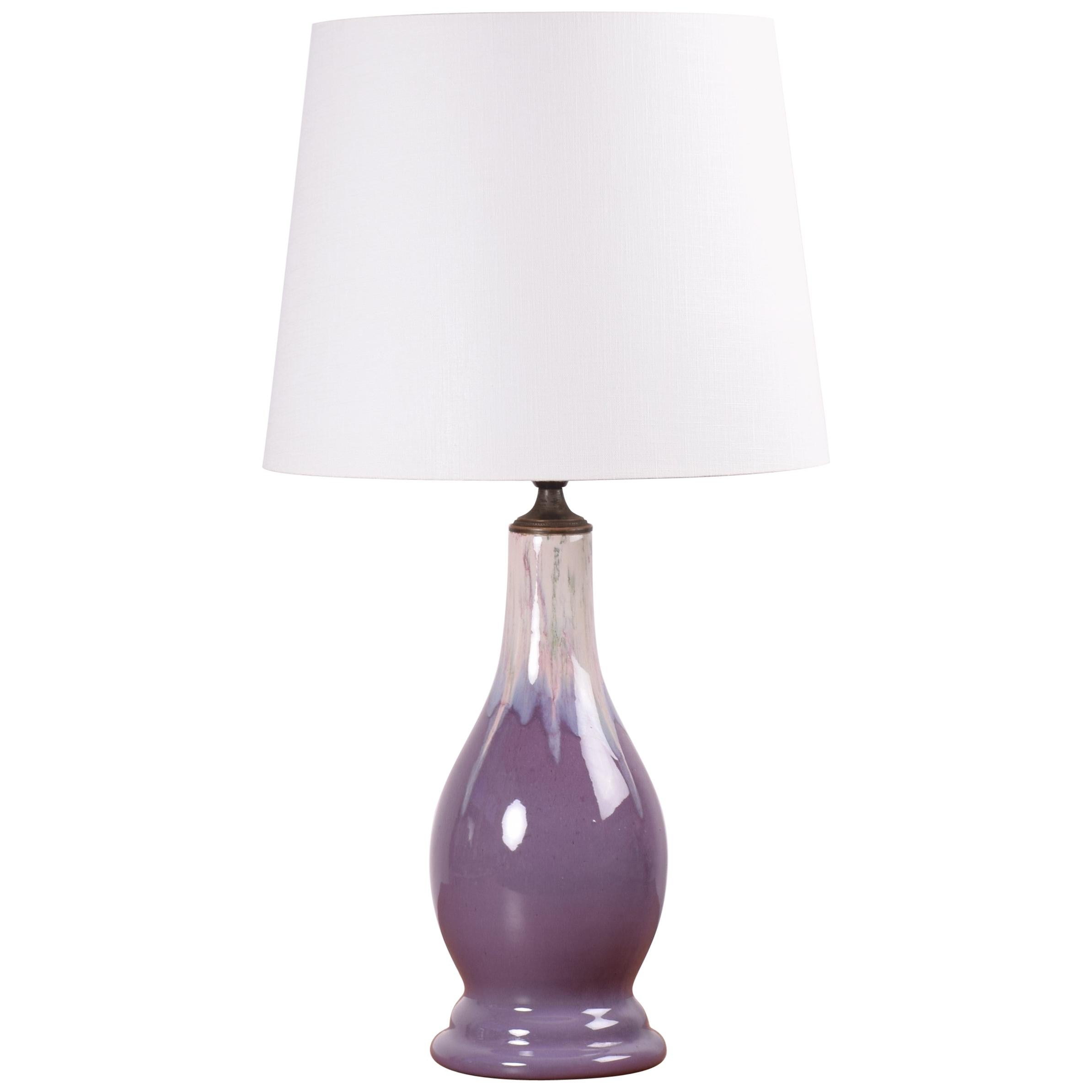 Danish Art Nouveau MA&S Tall Ceramic Table Lamp Purple Beige Drip Glaze, 1920s
