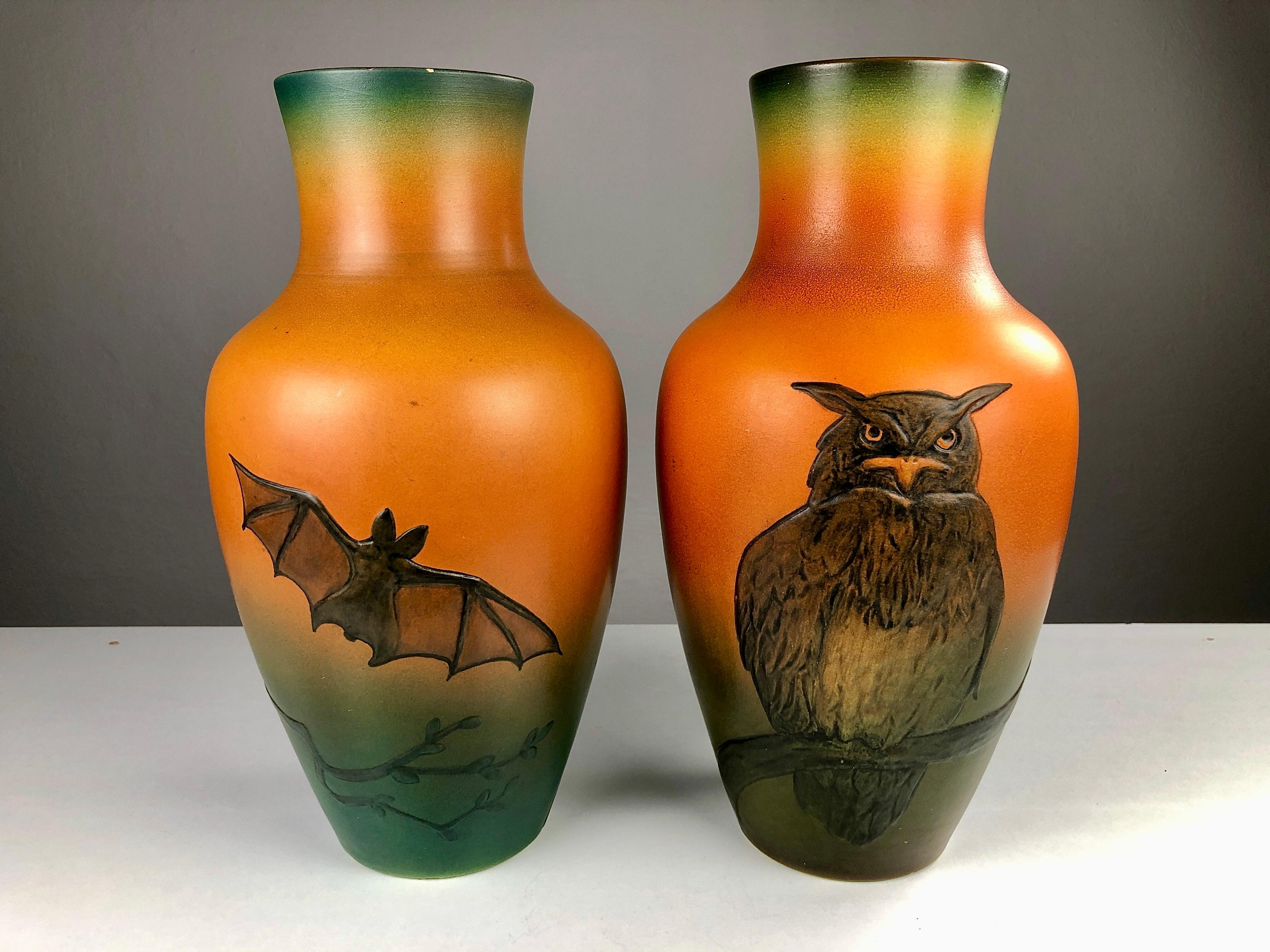 Danish Art Nouveau Owl Vases by J. R. Stenstrup for P.Ibsens Enke In Good Condition In Knebel, DK