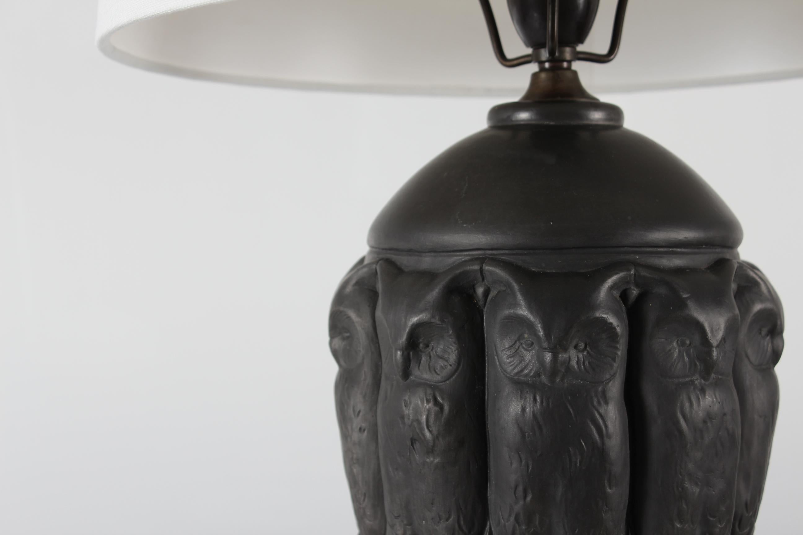 Danish Art Nouveau Table Lamp by L. Hjorth Ceramic, Black Terracotta with Owls For Sale 9