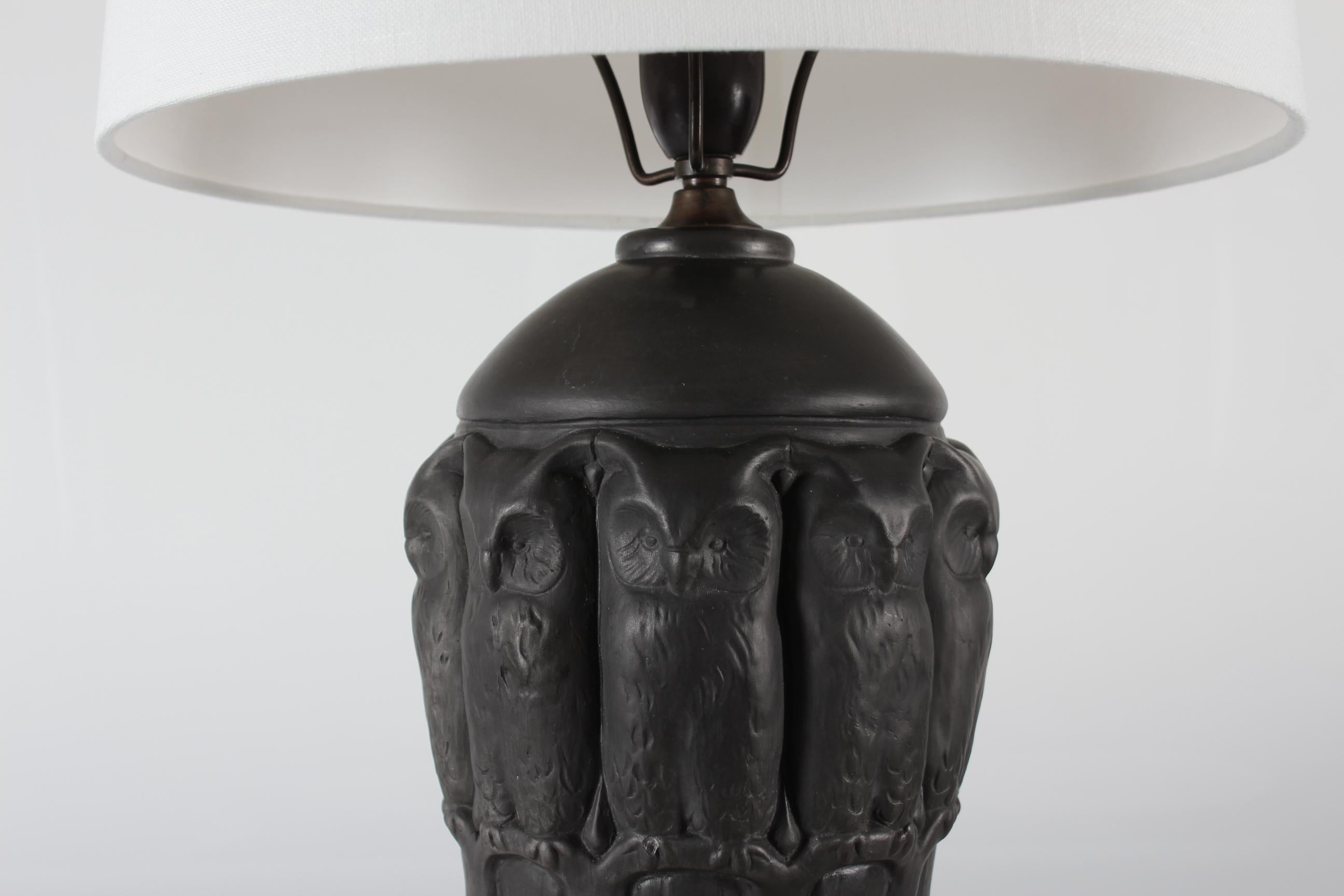 Danish Art Nouveau Table Lamp by L. Hjorth Ceramic, Black Terracotta with Owls  For Sale 10