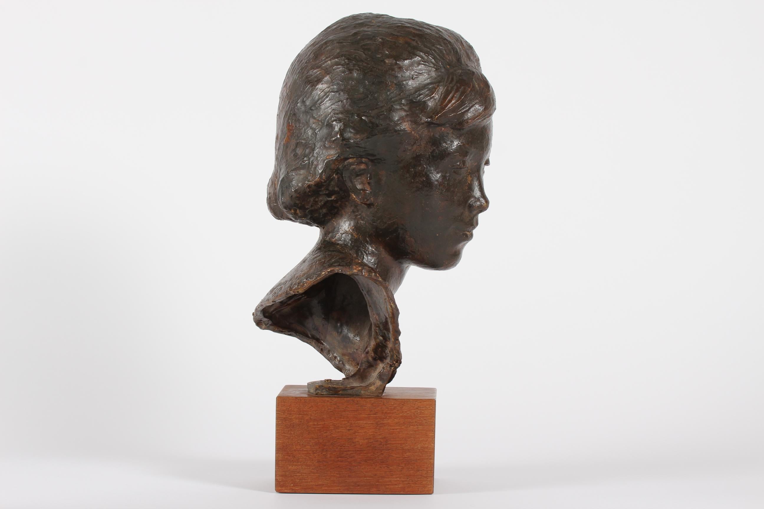 Danish Artist Anker Hoffmann Midcentury Bronze Bust of Young Girl, 1960s 5