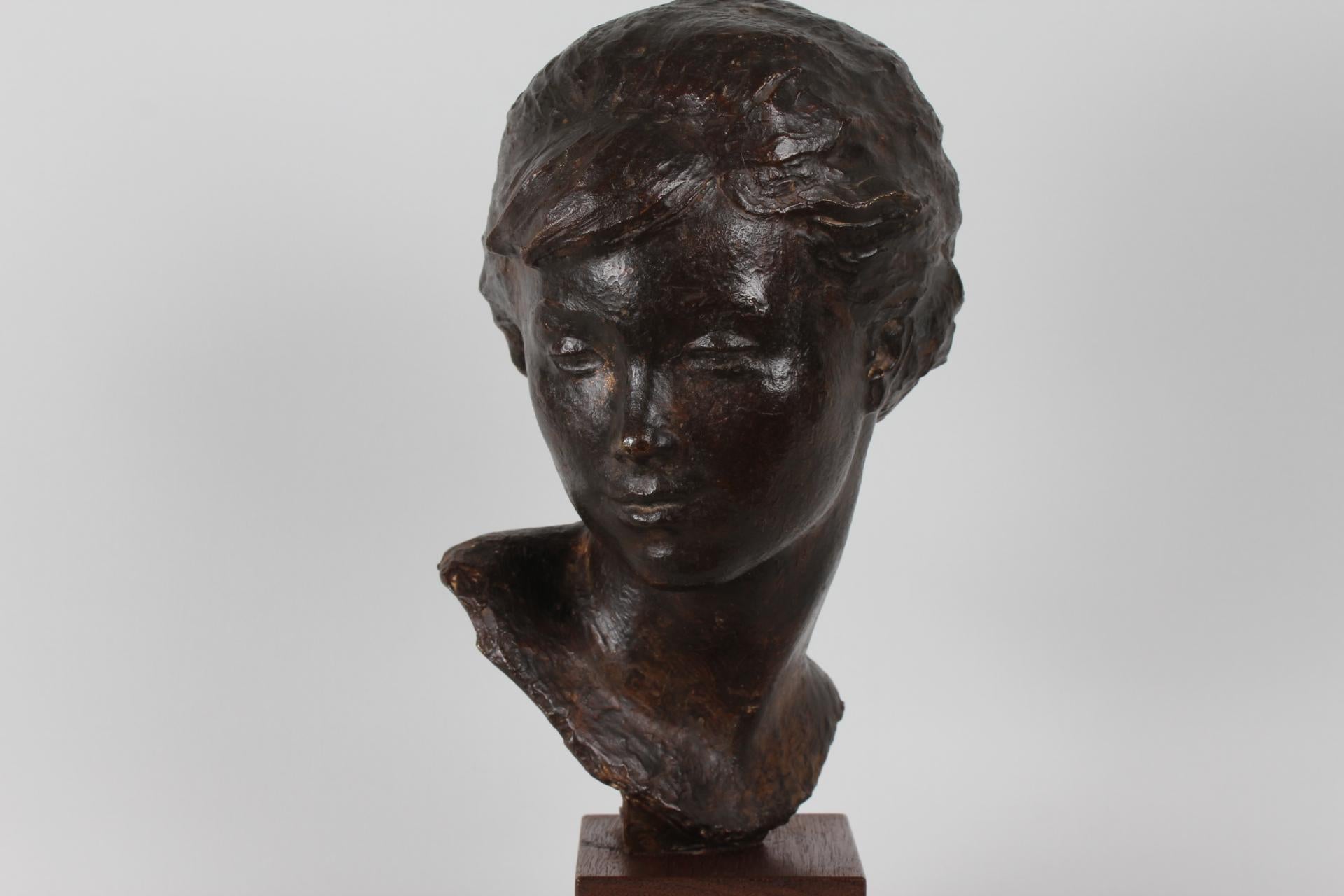 Mid-Century Modern Danish Artist Anker Hoffmann Midcentury Bronze Bust of Young Girl, 1960s