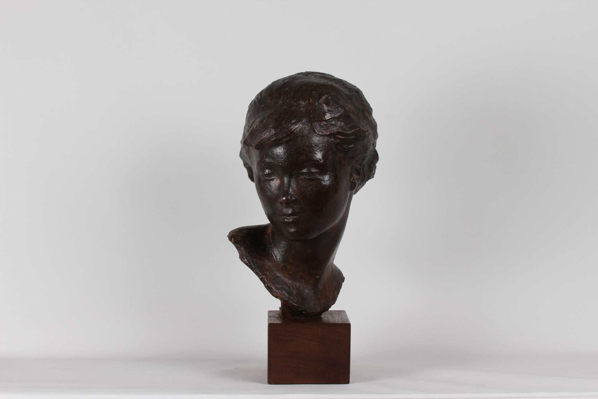 Danish Artist Anker Hoffmann Midcentury Bronze Bust of Young Girl, 1960s 2