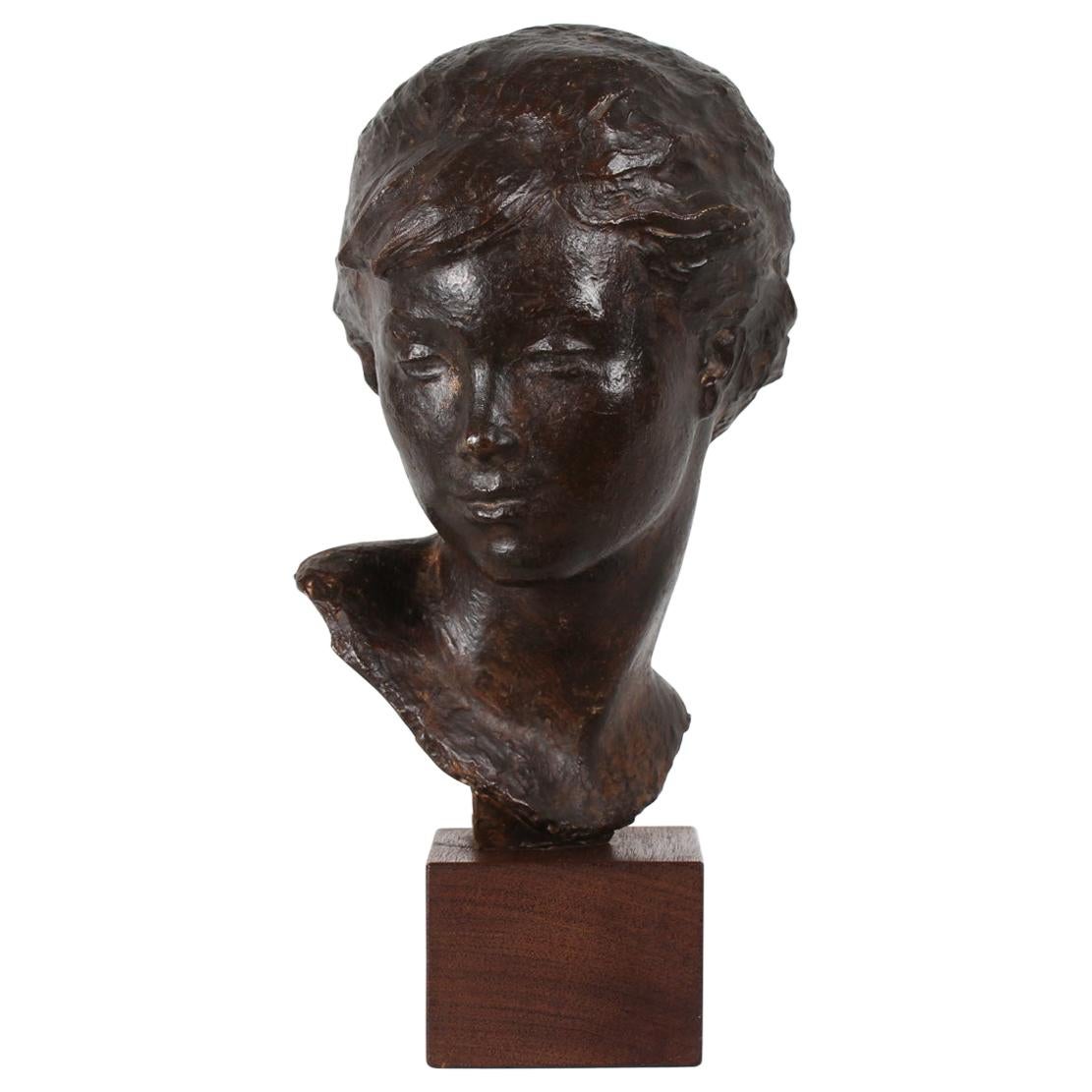 Danish Artist Anker Hoffmann Midcentury Bronze Bust of Young Girl, 1960s