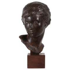 Vintage Danish Artist Anker Hoffmann Midcentury Bronze Bust of Young Girl, 1960s