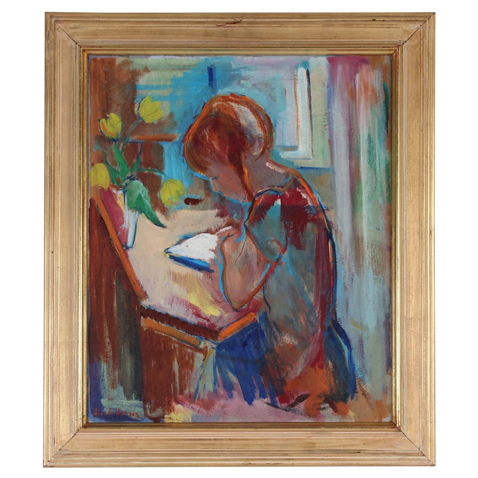 Danish Artist Arne A Hansen Painting of a Young Girl in Her Study, 1960s For Sale