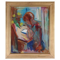Danish Artist Arne A Hansen Painting of a Young Girl in Her Study, 1960s