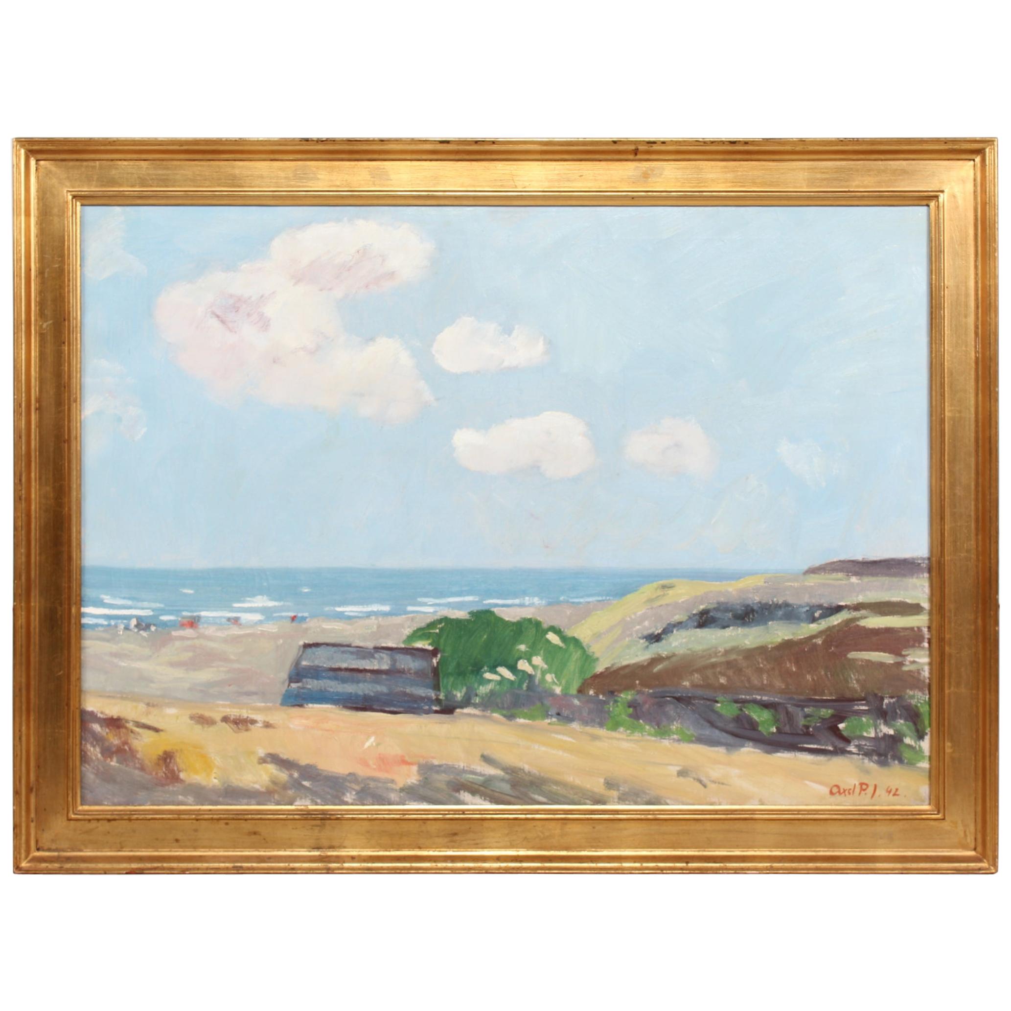 Danish Artist Axel P. Jensen Painting Landscape in Denmark Oil on Canvas, 1942
