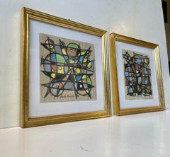 Danish Artist Framed Abstract Drawings on Paper, Signed Martin 1976