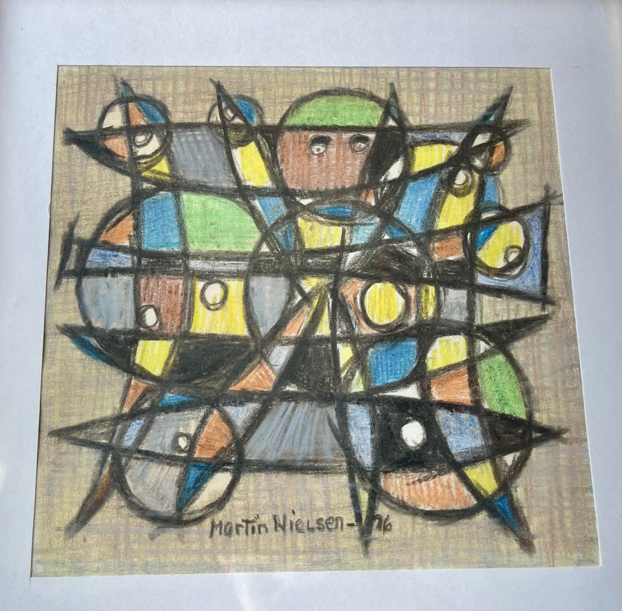 Danese Disegni astratti su carta dell'artista danese incorniciati, firmati Martin 1976 in vendita
