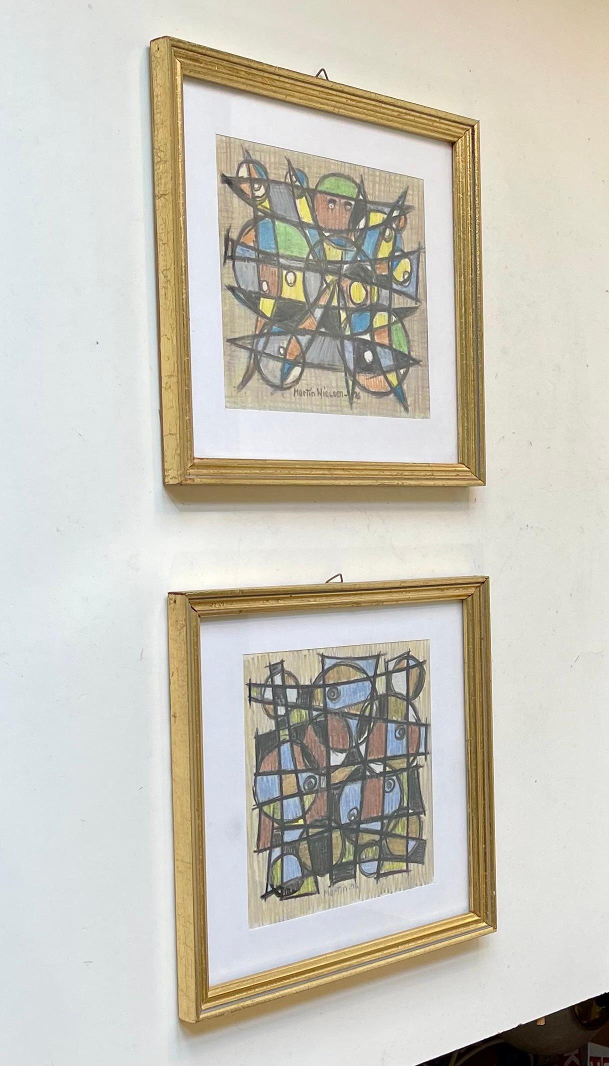 Disegni astratti su carta dell'artista danese incorniciati, firmati Martin 1976 In condizioni buone in vendita a Esbjerg, DK