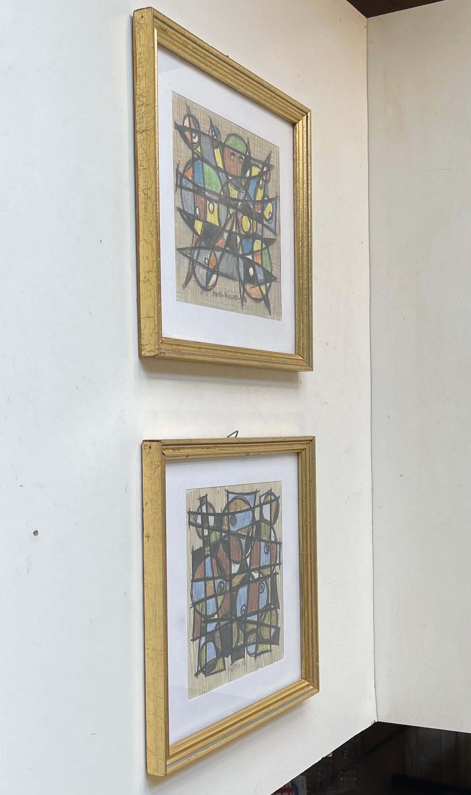 Fine XX secolo Disegni astratti su carta dell'artista danese incorniciati, firmati Martin 1976 in vendita