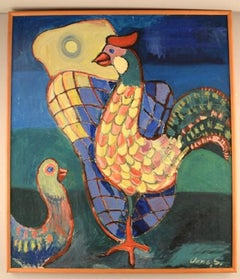 Danish Artist, Oil on Canvas, "Rooster and chicken", Mid-20th Century