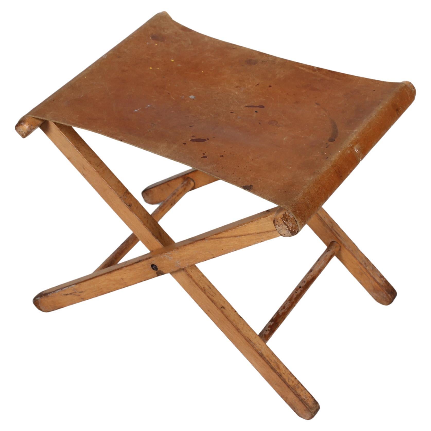 Danish Artist Stool of Beech and Cognac Colored Leather 1950s