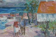 Pittura ad olio dell'artista danese Svend Nielsen con motivo di Gudhjem, Bornholm 1960