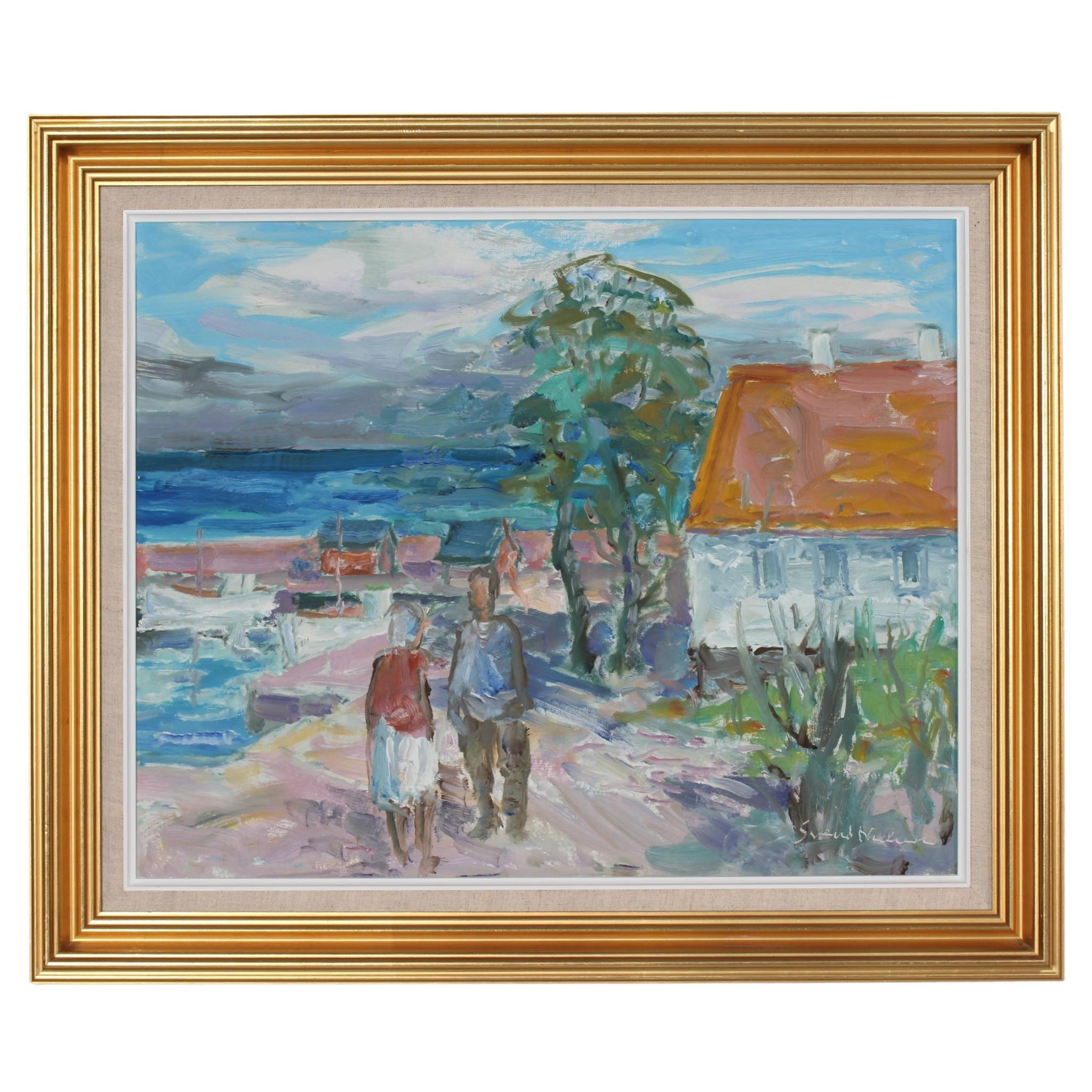 Danish Artist Svend Nielsen Oil Painting with Motif from Gudhjem, Bornholm 1960s