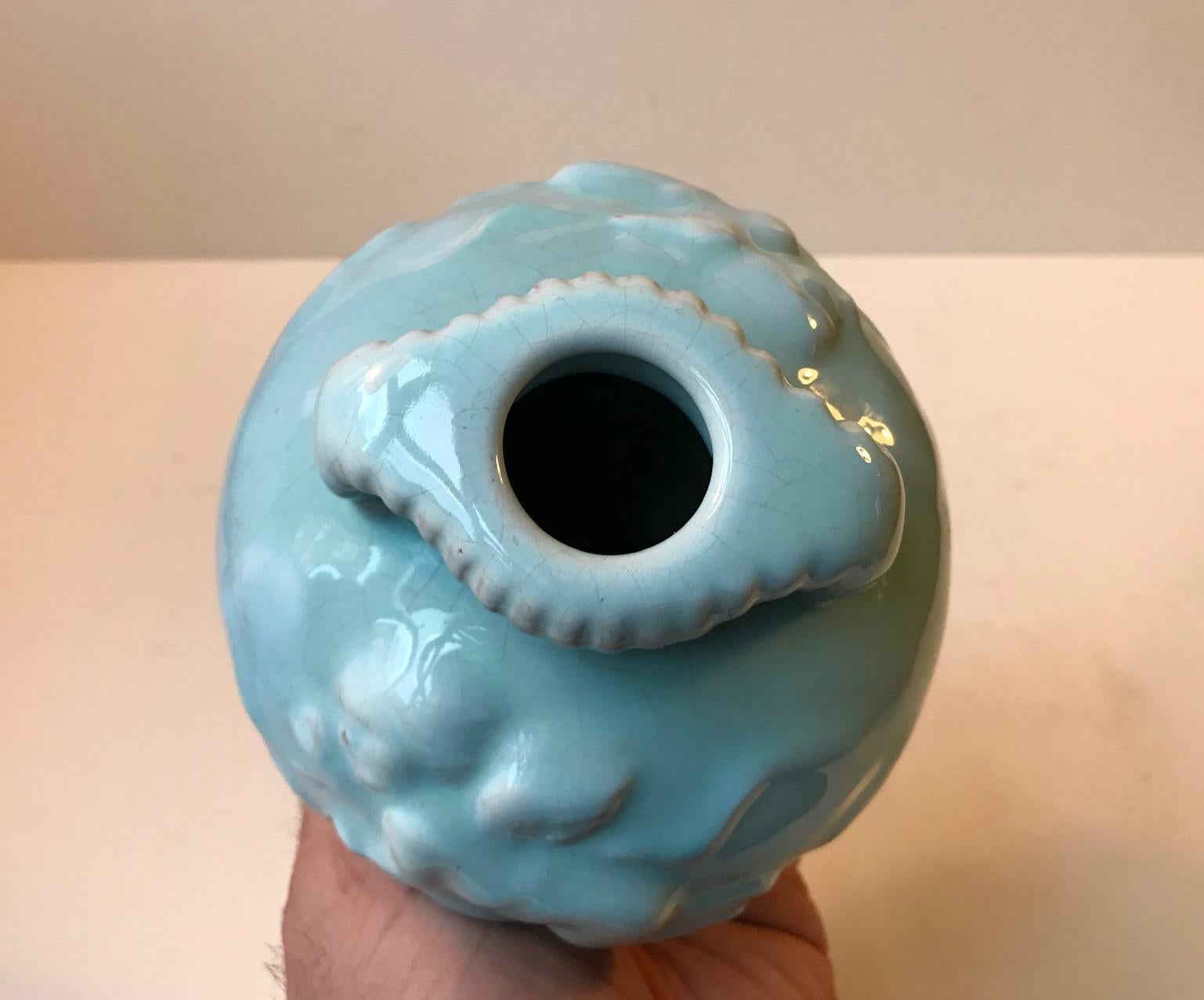 Glazed Danish Baby Blue Ceramic Cherub Vase by Michael Andersen, 1940s For Sale